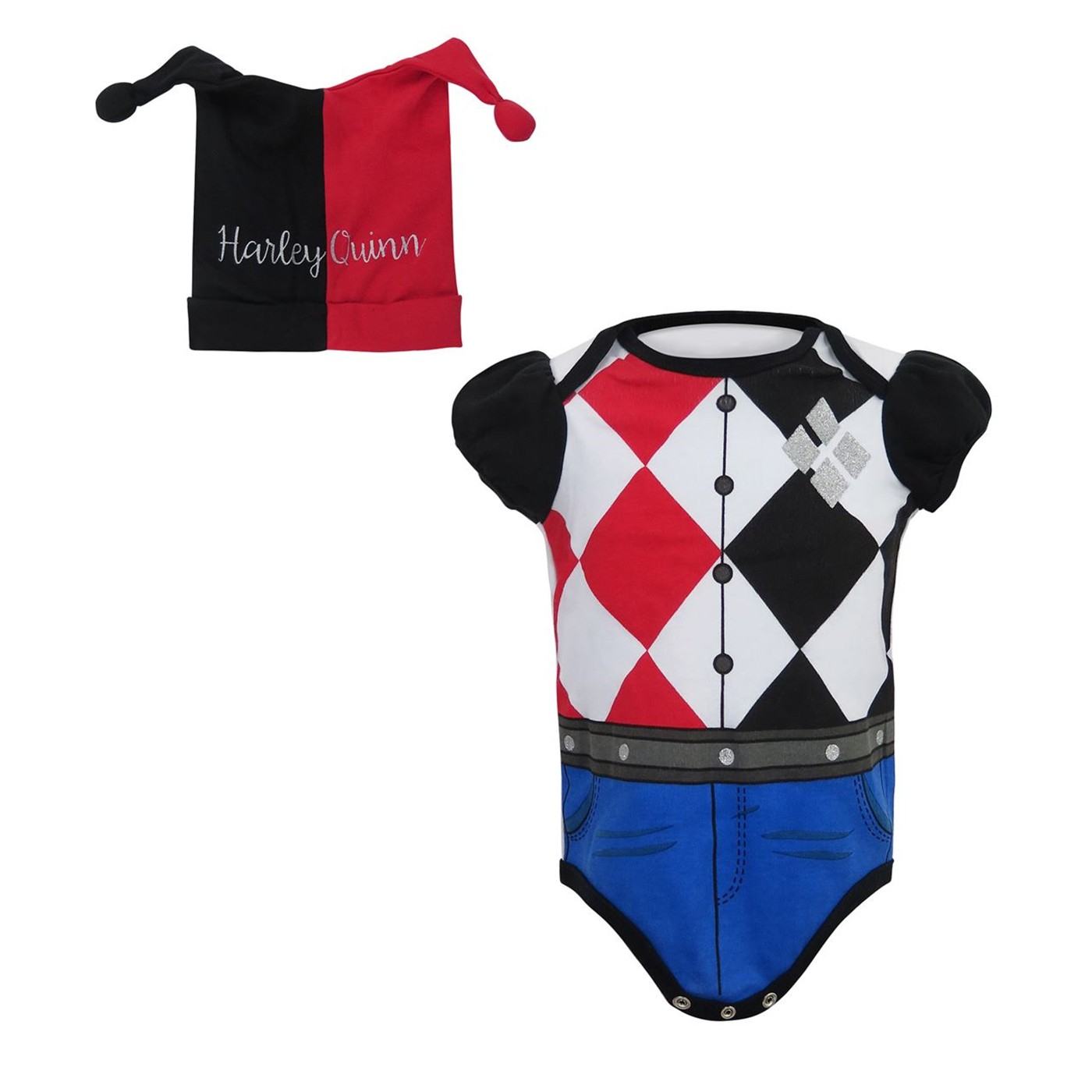 Harley Quinn Snapsuit with Costume Beanie, Red