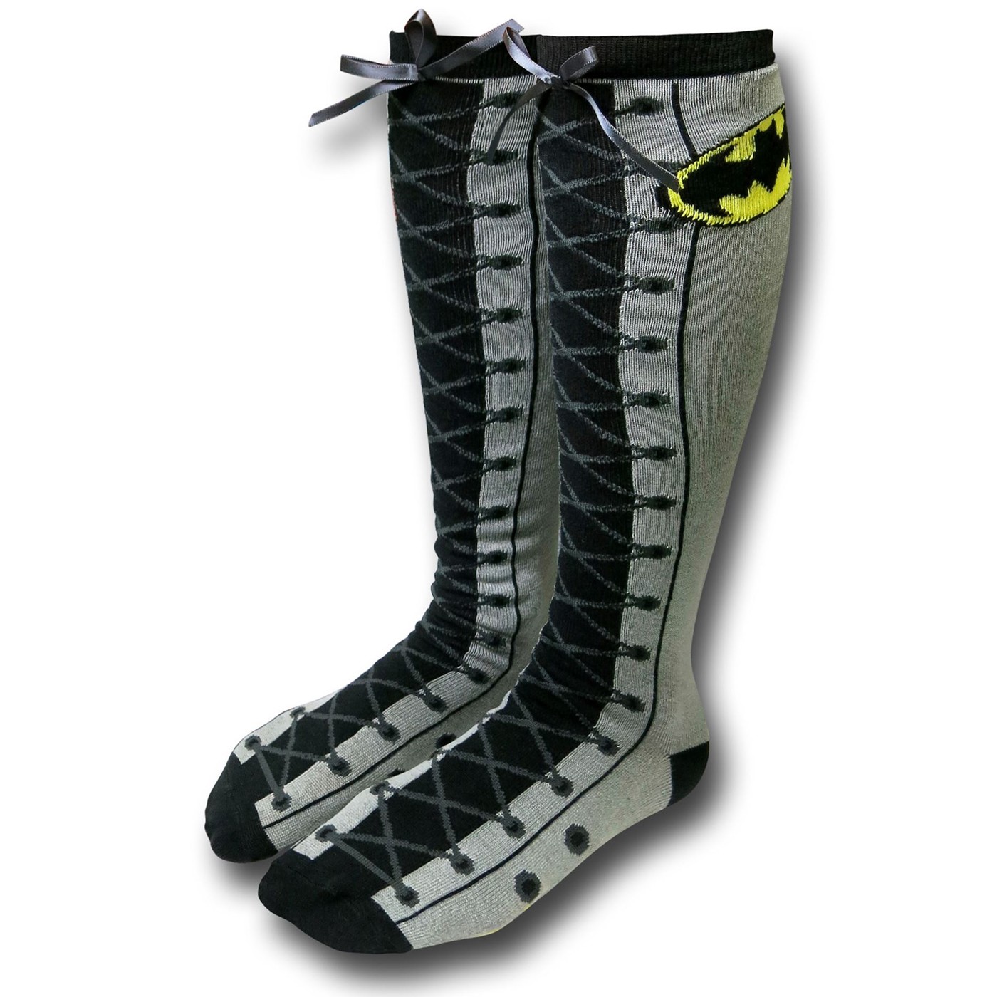 Batman Faux Lace-Up Knee High Socks, Black