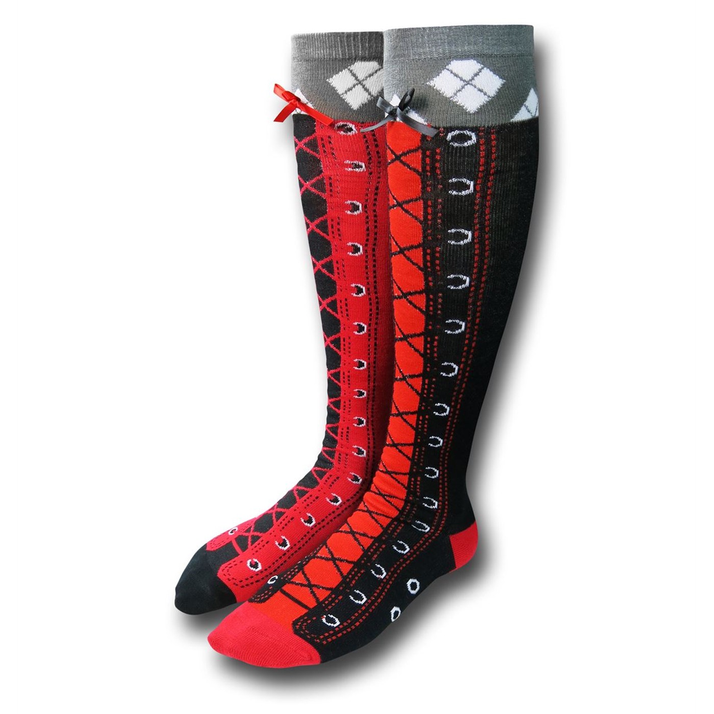 Harley Quinn Faux Lace Up Knee High Socks, Red