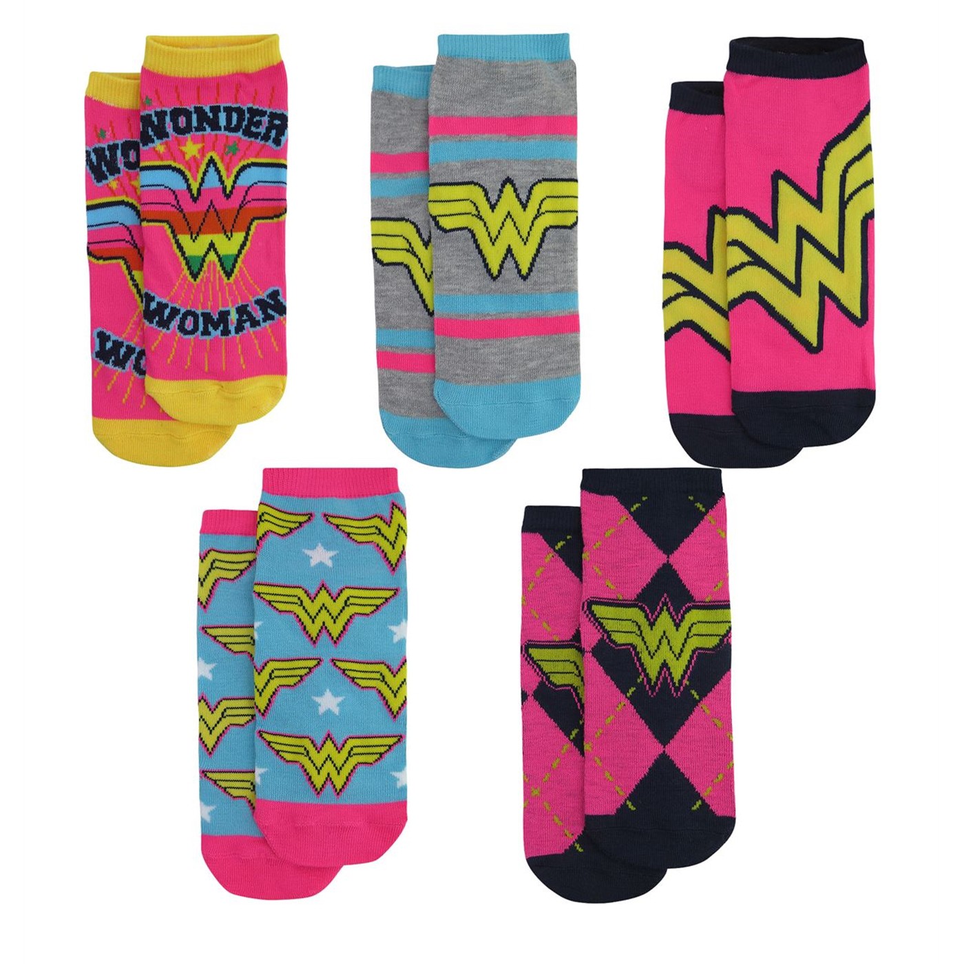 Wonder Woman Neon Women's Low Cut Sock 5-Pack, Blue