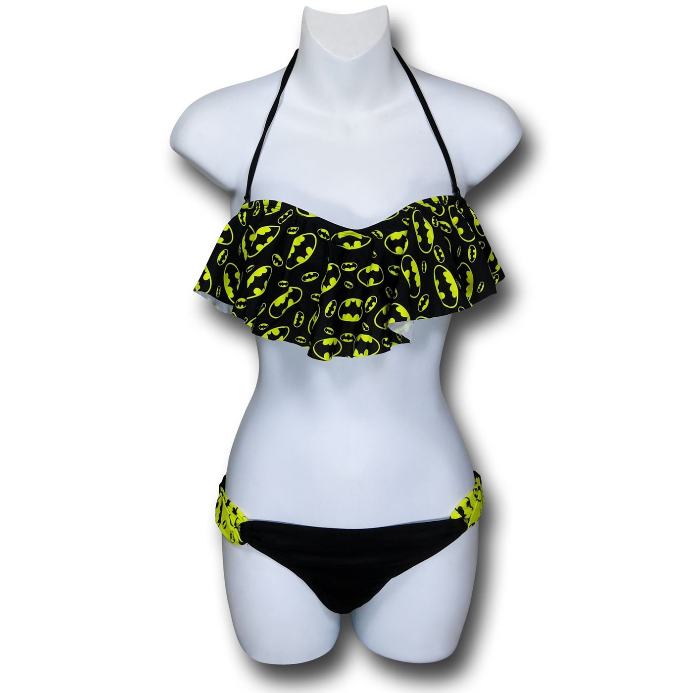 Batgirl Ruffle Bandeau Bikini w/Loop Bottom, Black