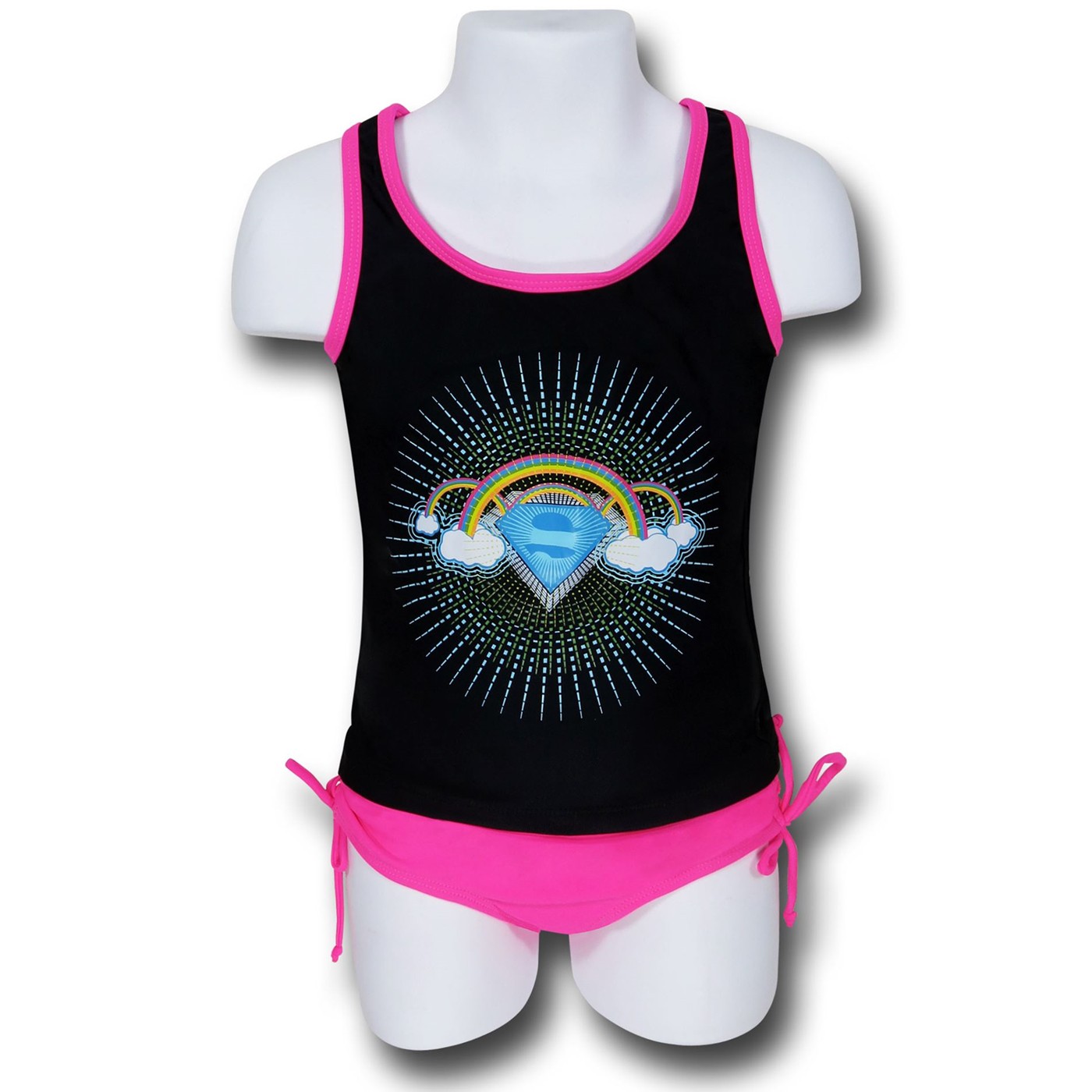 Supergirl Clouds Tank Top Girls Swimsuit Set, Black