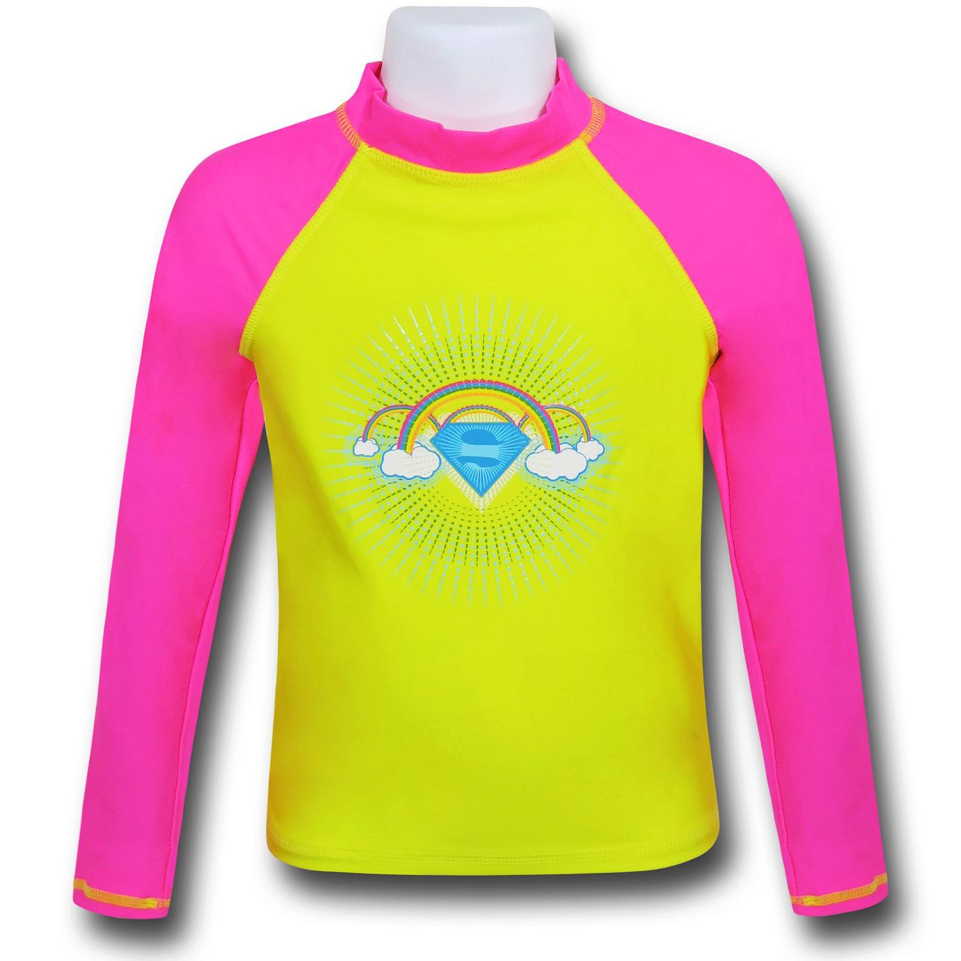 Supergirl Clouds Long-Sleeve Girls Swim Shirt, Yellow