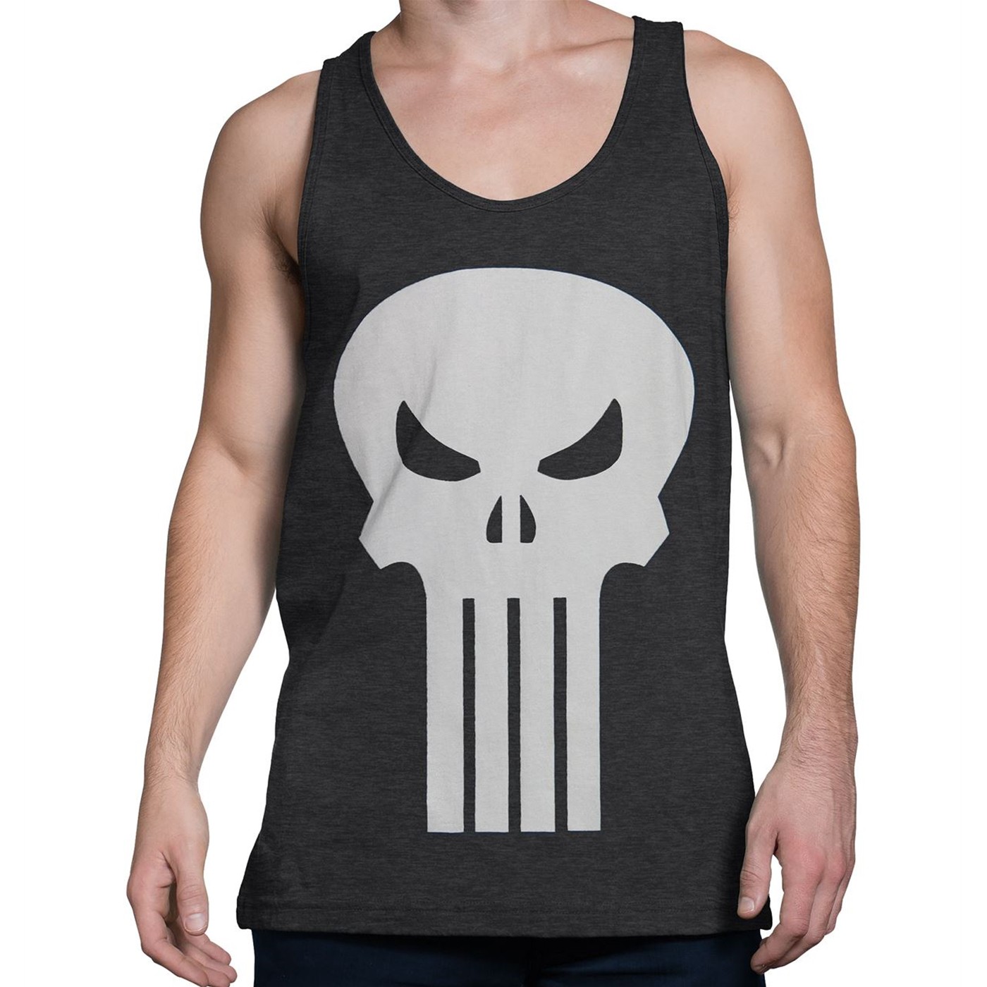 Punisher White Skull Heather Charcoal Tank Top, Black