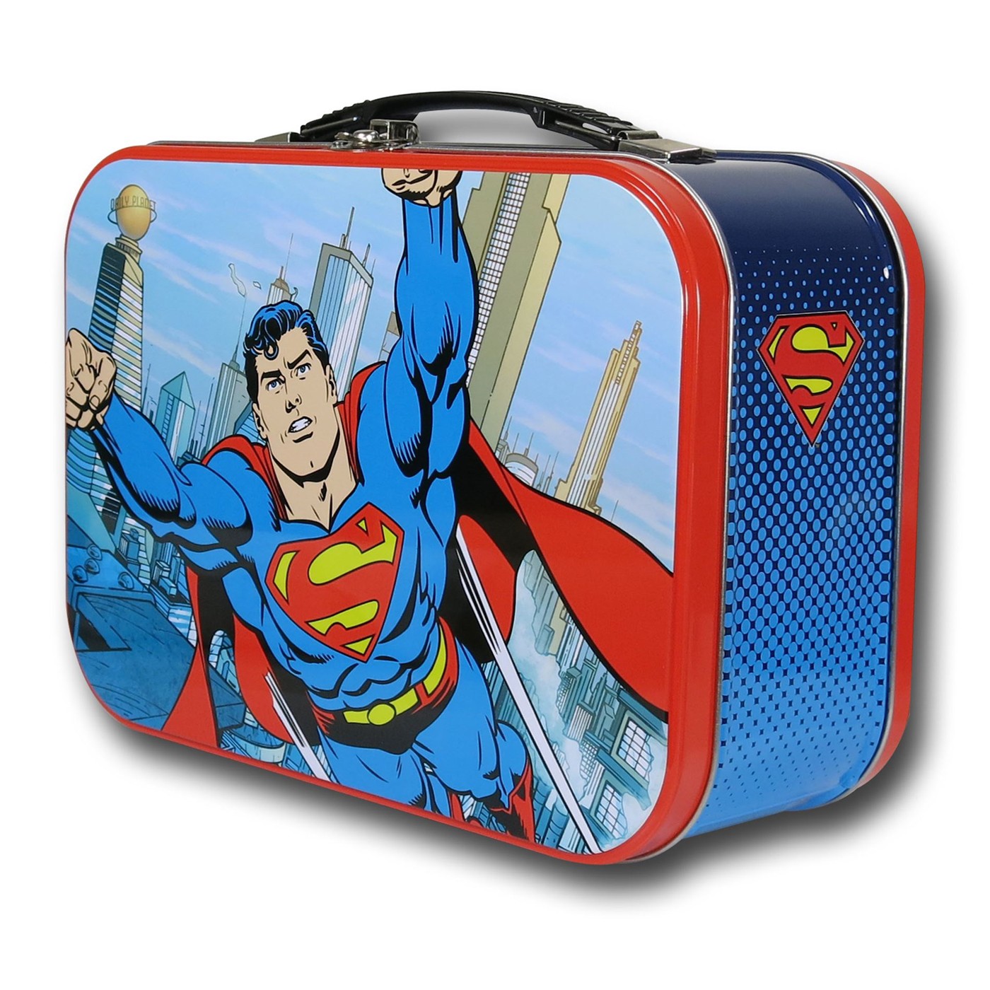 Superman Flying Over City Tin Lunch Box, Blue