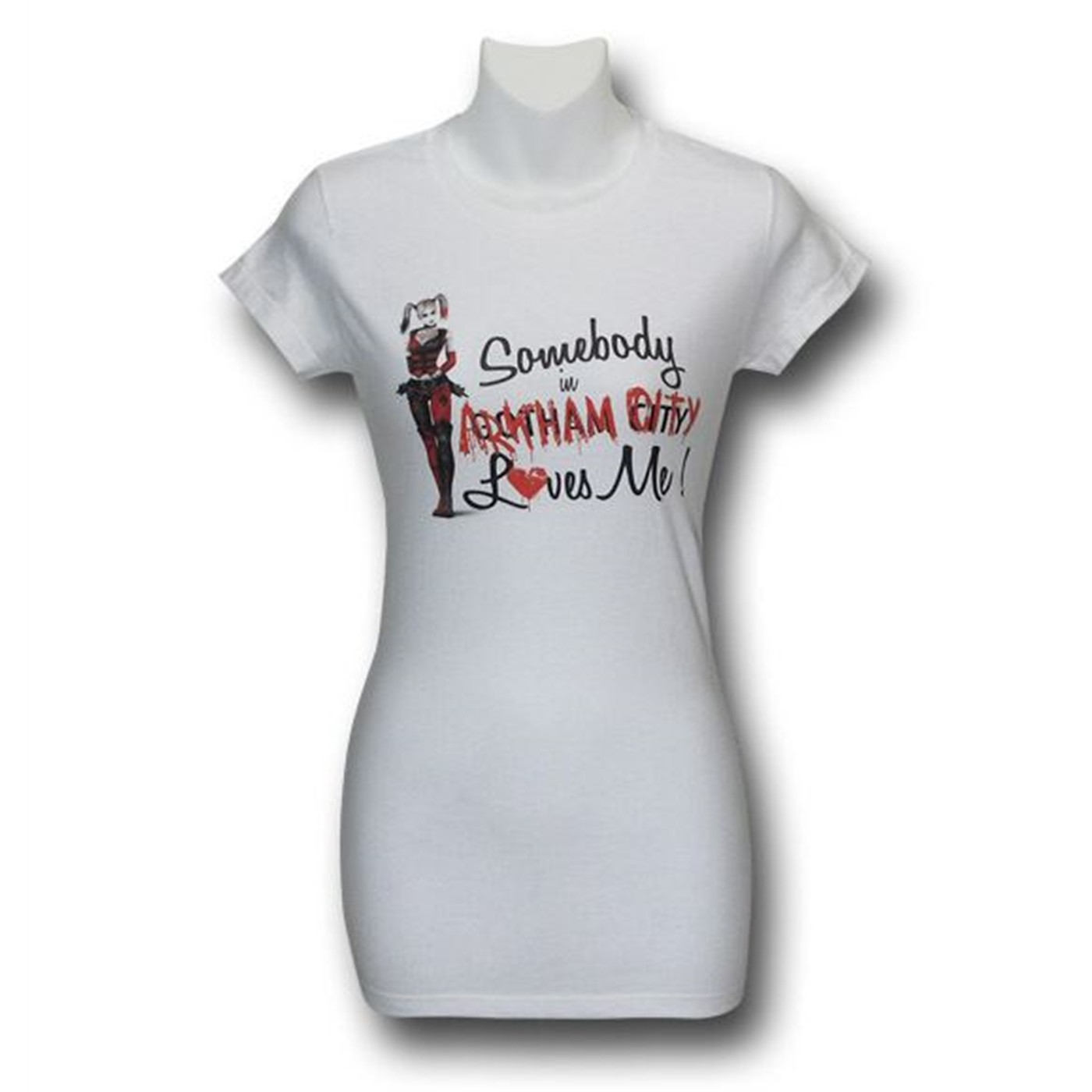 Arkham City Harley Loves Me Juniors T-Shirt, White