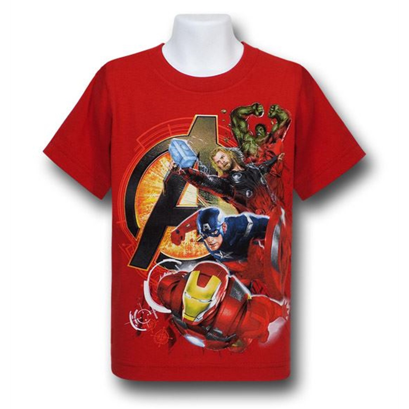 Avengers Symbol With Heroes Juvenile T-Shirt, Red
