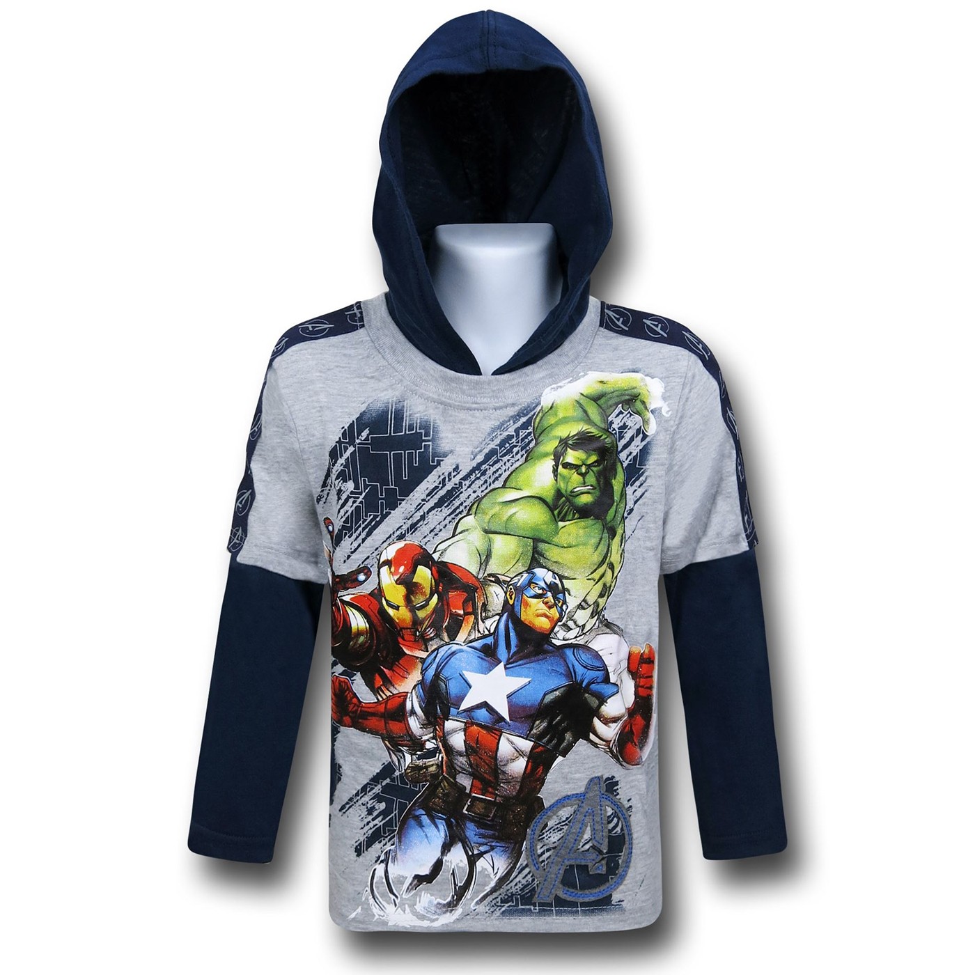 Avengers Trio Kids Hooded Long Sleeve T-Shirt, Grey