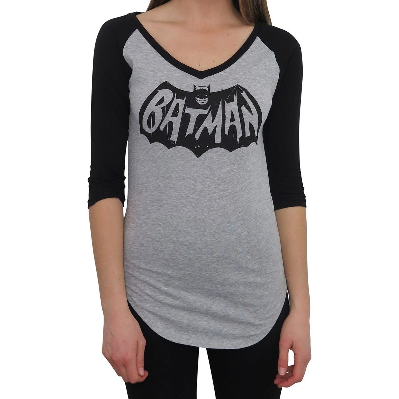 Adam West Batman Logo Women's V-Neck Baseball T-Shirt, Black