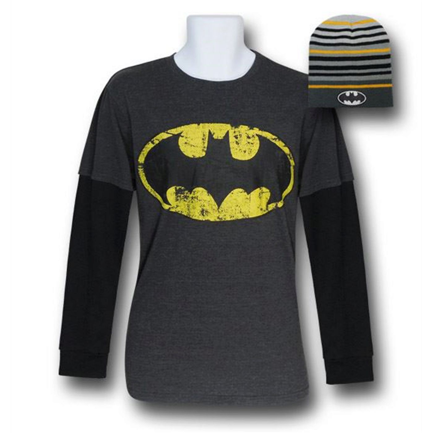 Batman Double Sleeve Combo T-Shirt & Beanie, Grey
