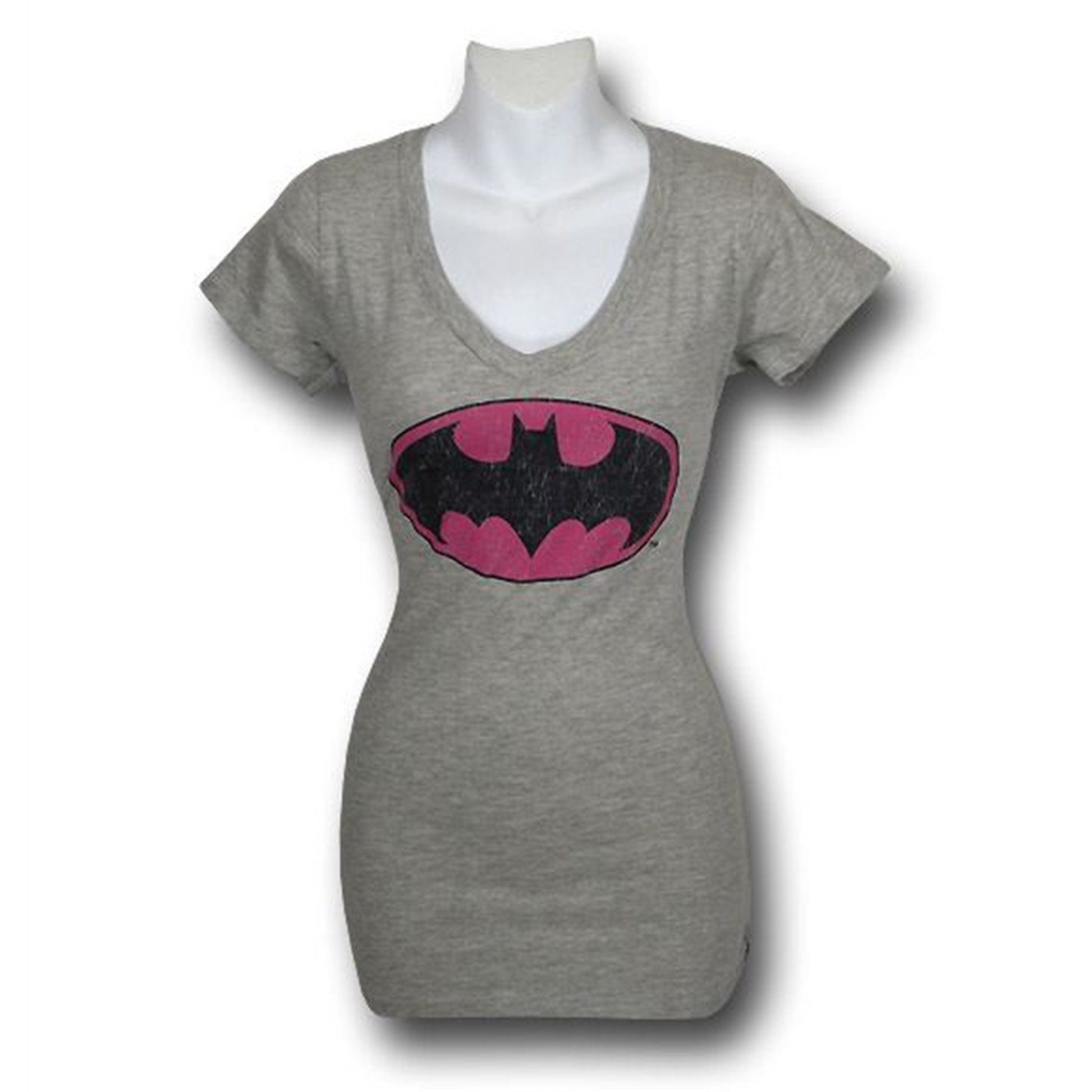 Batman Pink Symbol Juniors V-Neck Trunk T-Shirt, Grey
