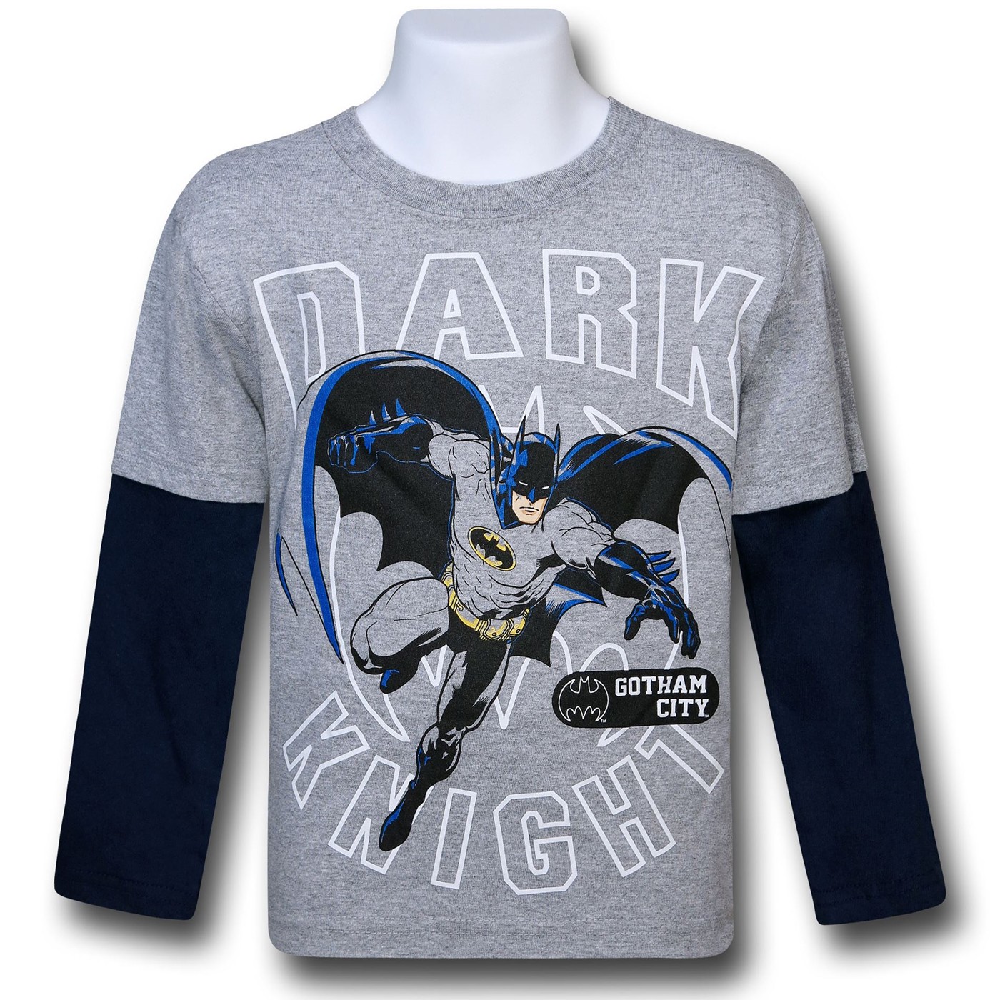 Batman Dark Knight Kids Double-Sleeve T-Shirt, Grey