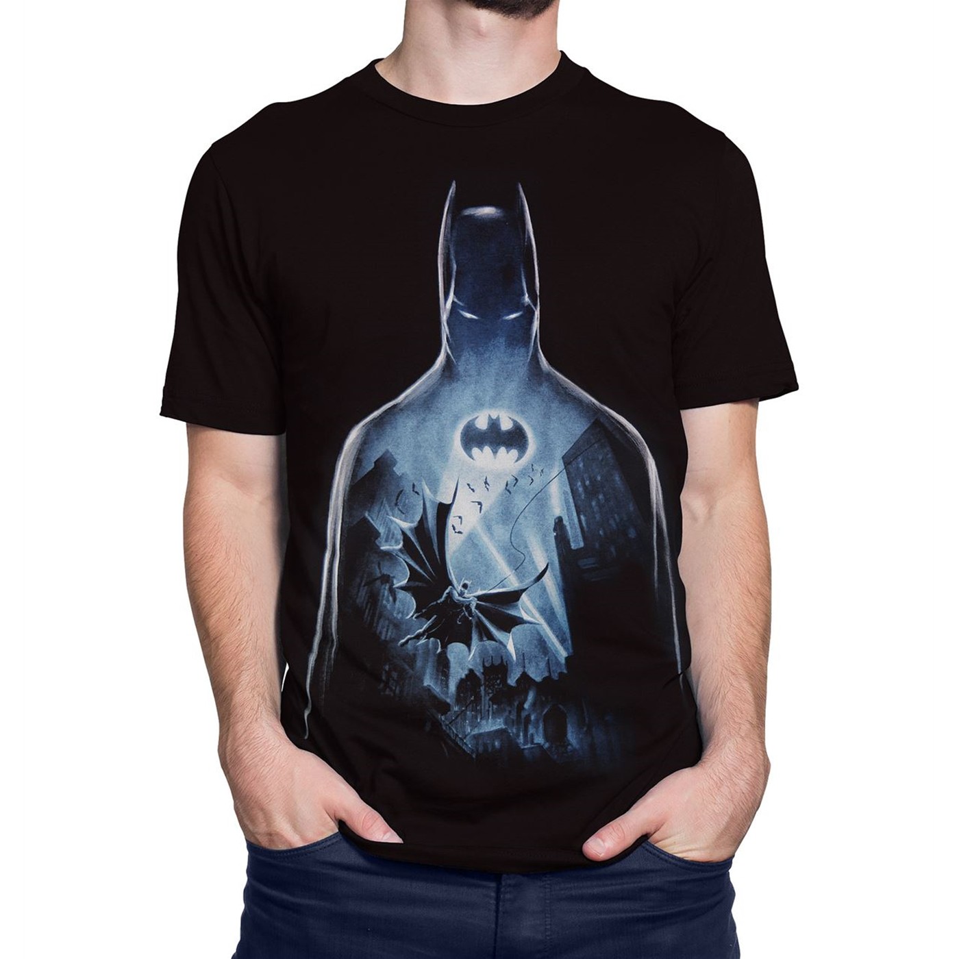 Batman Flight Over Gotham Men's T-Shirt, Black