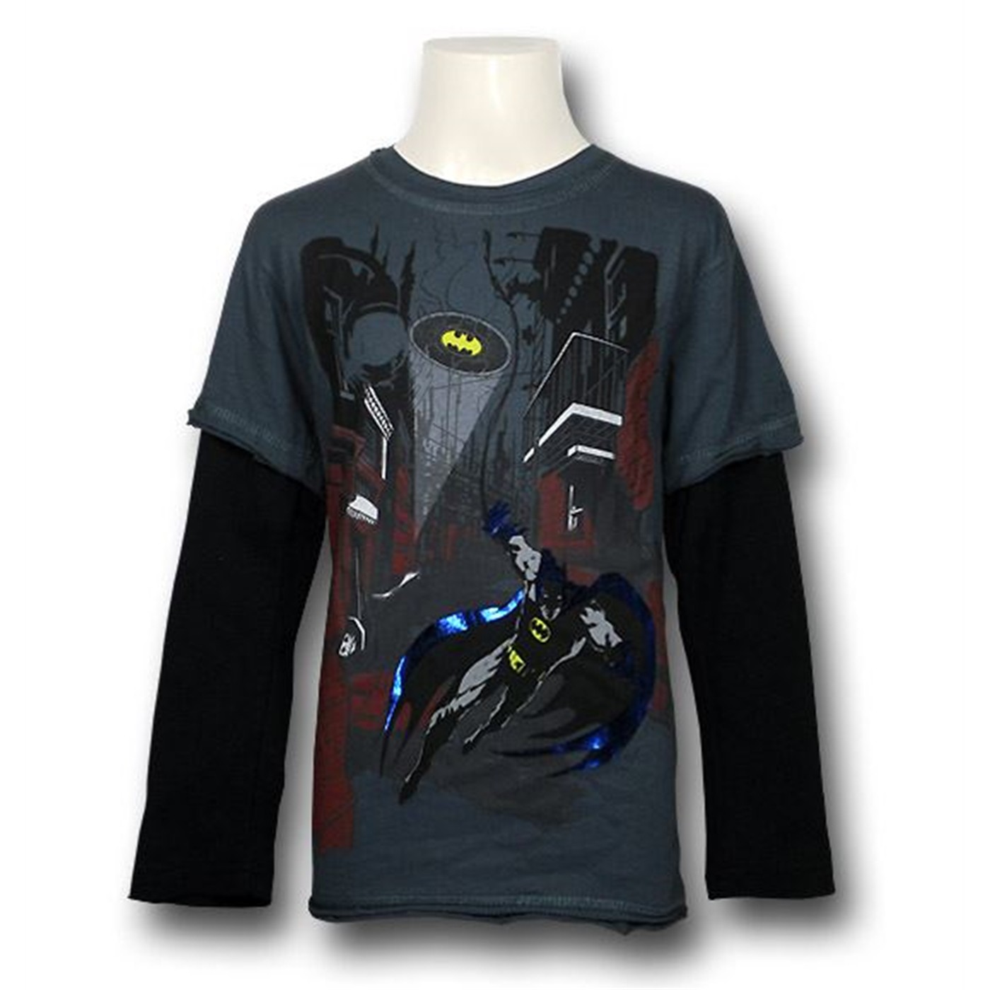 Batman Foil Cape 30s Kids Long Sleeve T-Shirt, Grey