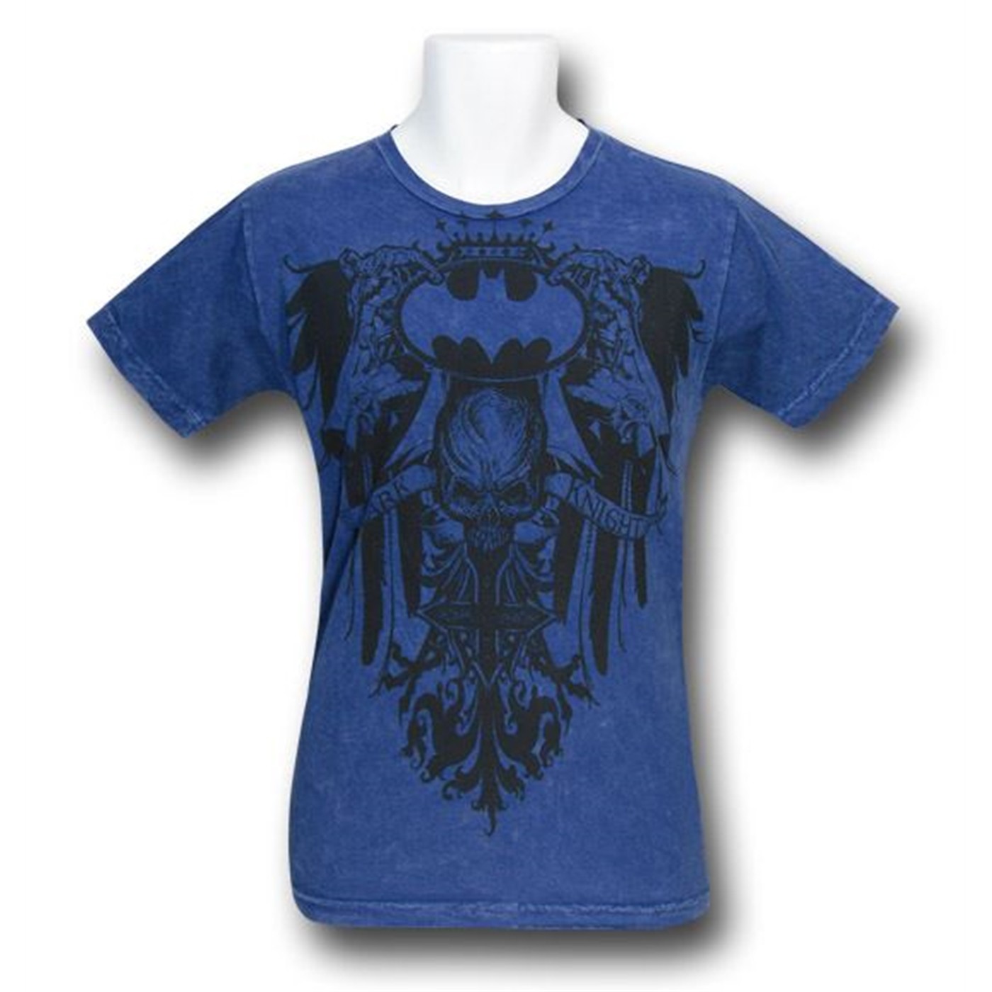 Batman Gothic Skull Flourish Acid Wash T-Shirt, Blue