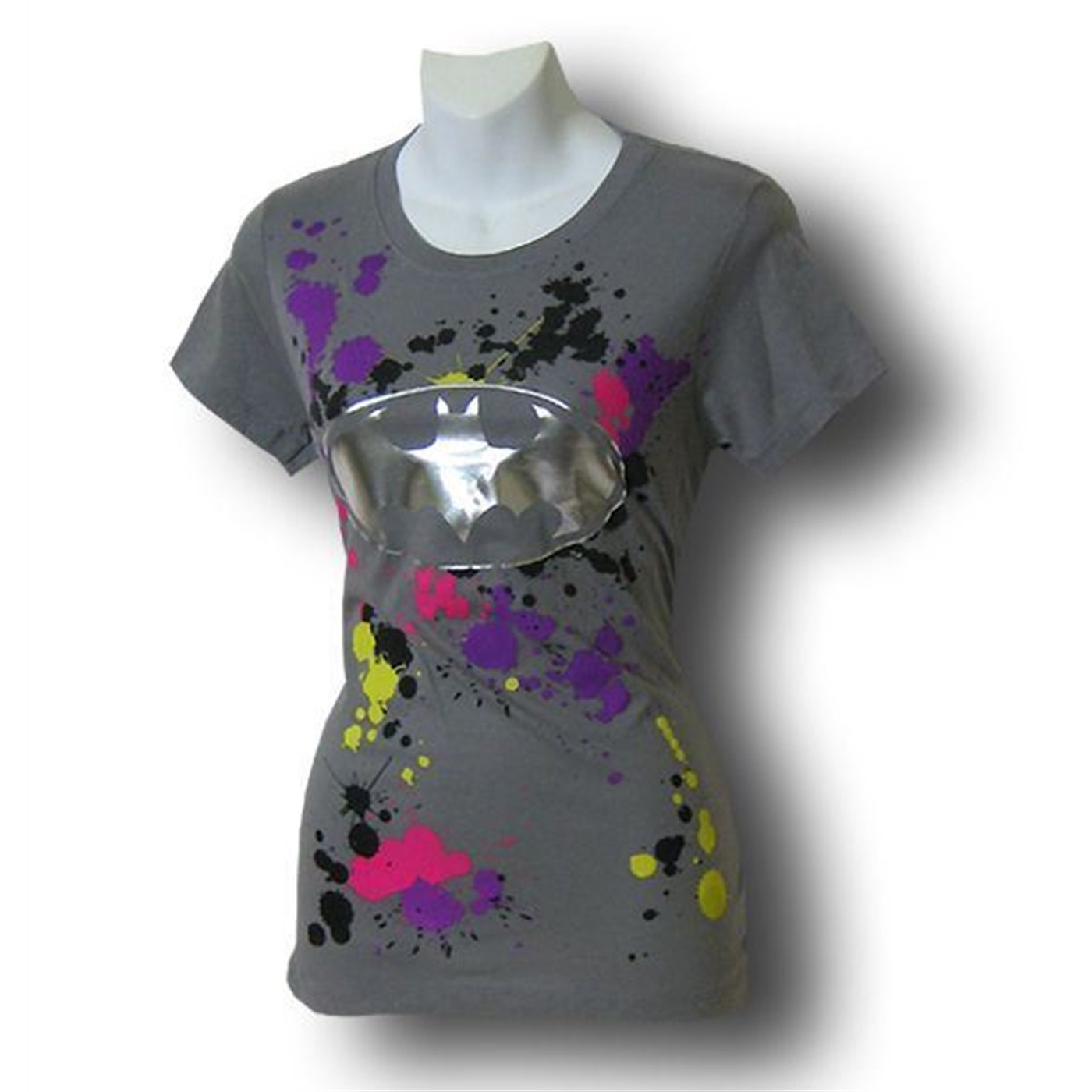 Batgirl Juniors Chrome Symbol Splatter T-Shirt, Grey