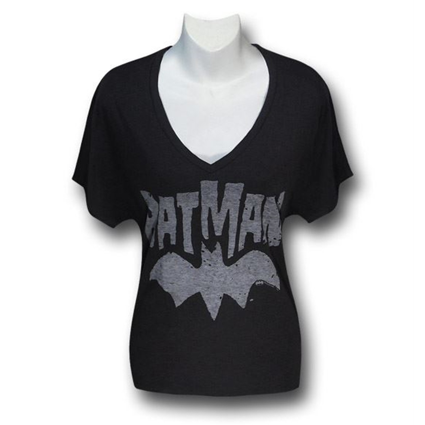 Batman White Logo Junk Food Juniors Loose Cut V-Neck T-Shirt, Black