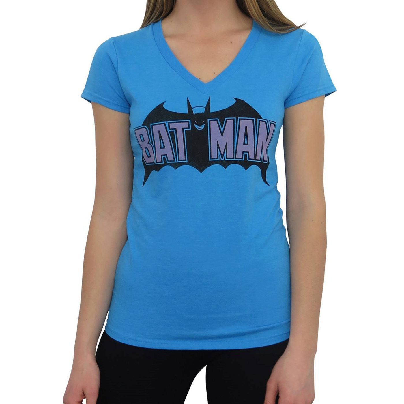 Batman Old School Logo Women's V-Neck T-Shirt, Blue