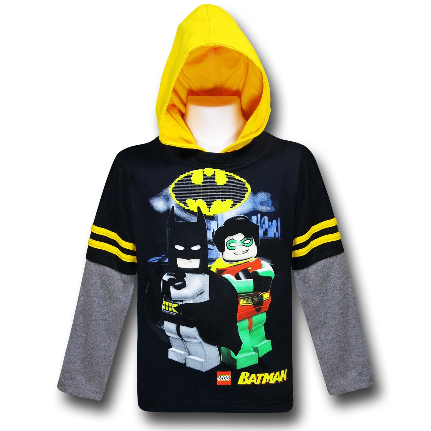Batman Lego Hooded Kids Double-Sleeve T-Shirt, Black