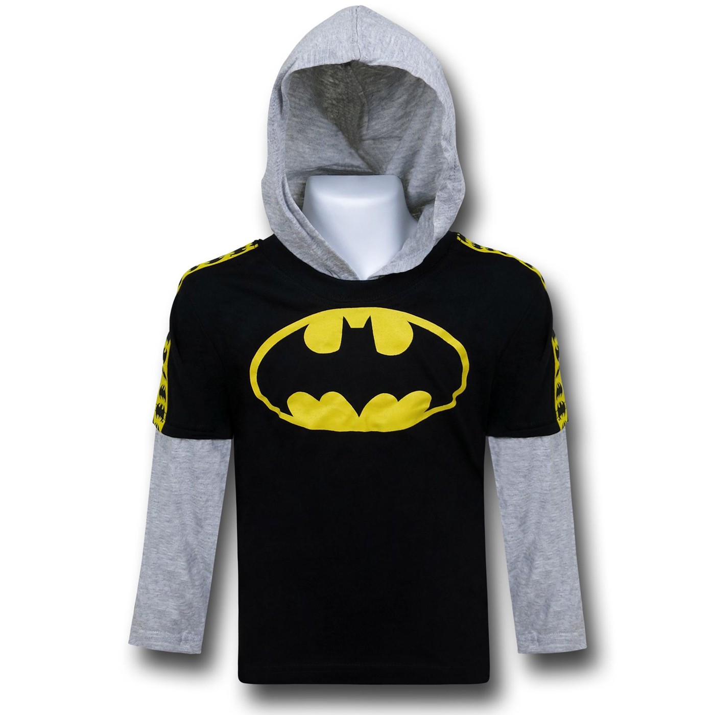 Batman Symbol Hooded Double-Sleeve Kids T-Shirt, Black
