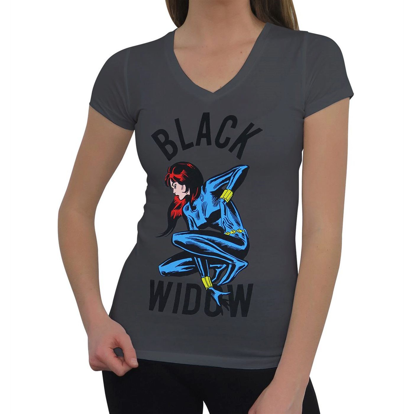Black Widow Crouching Women's V-Neck T-Shirt, Grey