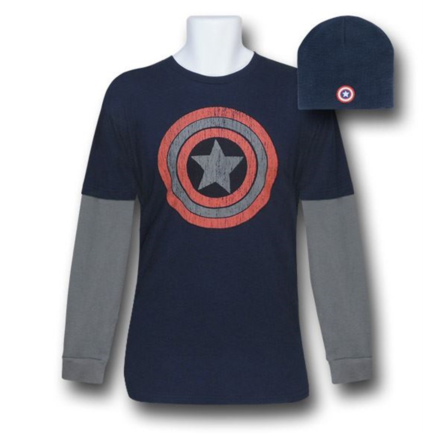 Captain America Double Sleeve Combo T-Shirt & Beanie, Blue