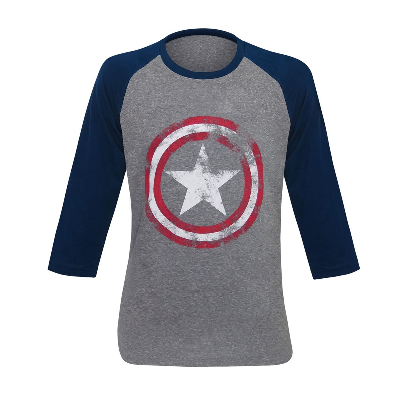 Captain America Gray Distressed Shield Baseball T-Shirt, Grey