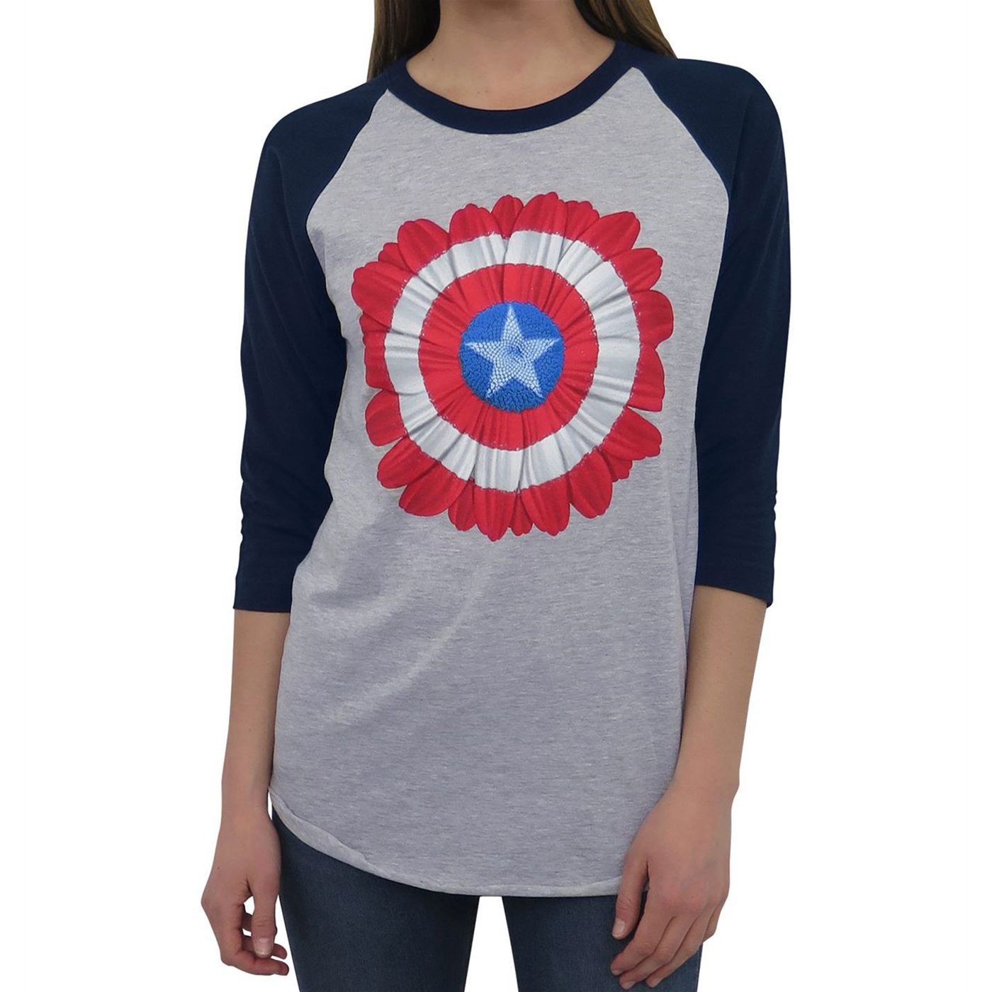 Captain America Flower Women's Baseball T-Shirt, Grey