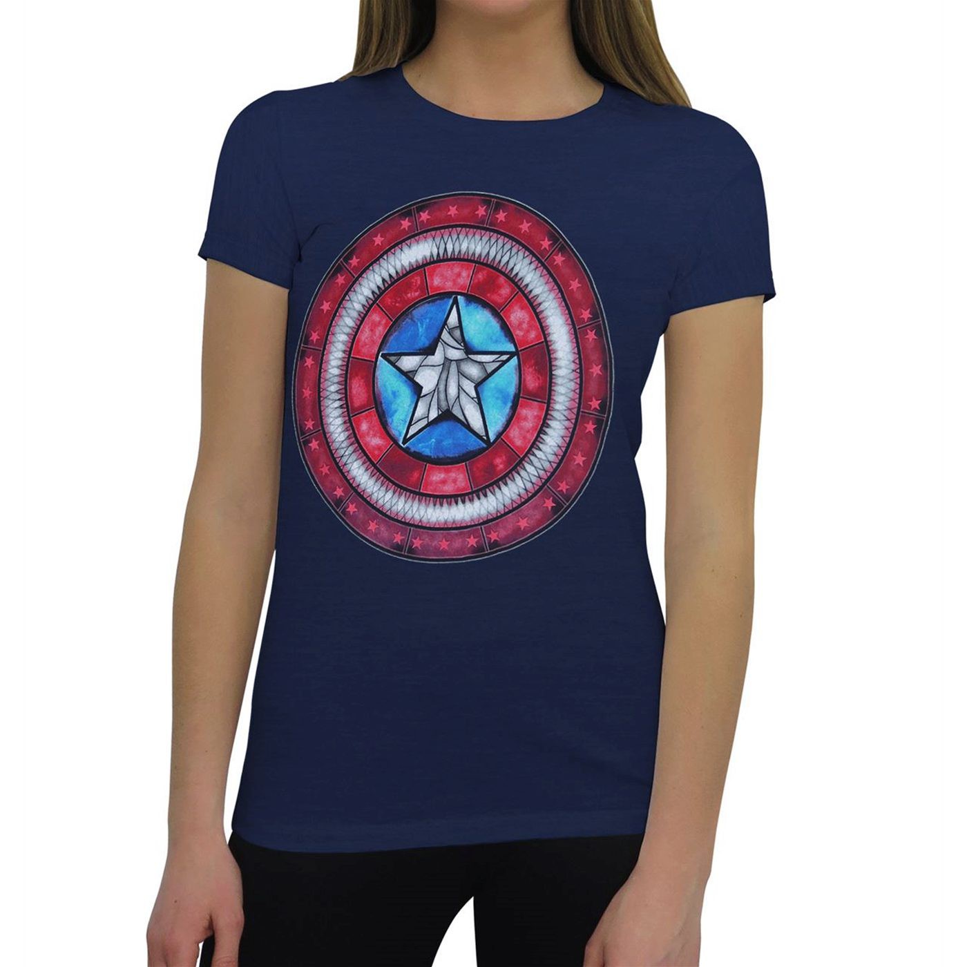 Captain America Stained Glass Shield Women's T-Shirt, Blue