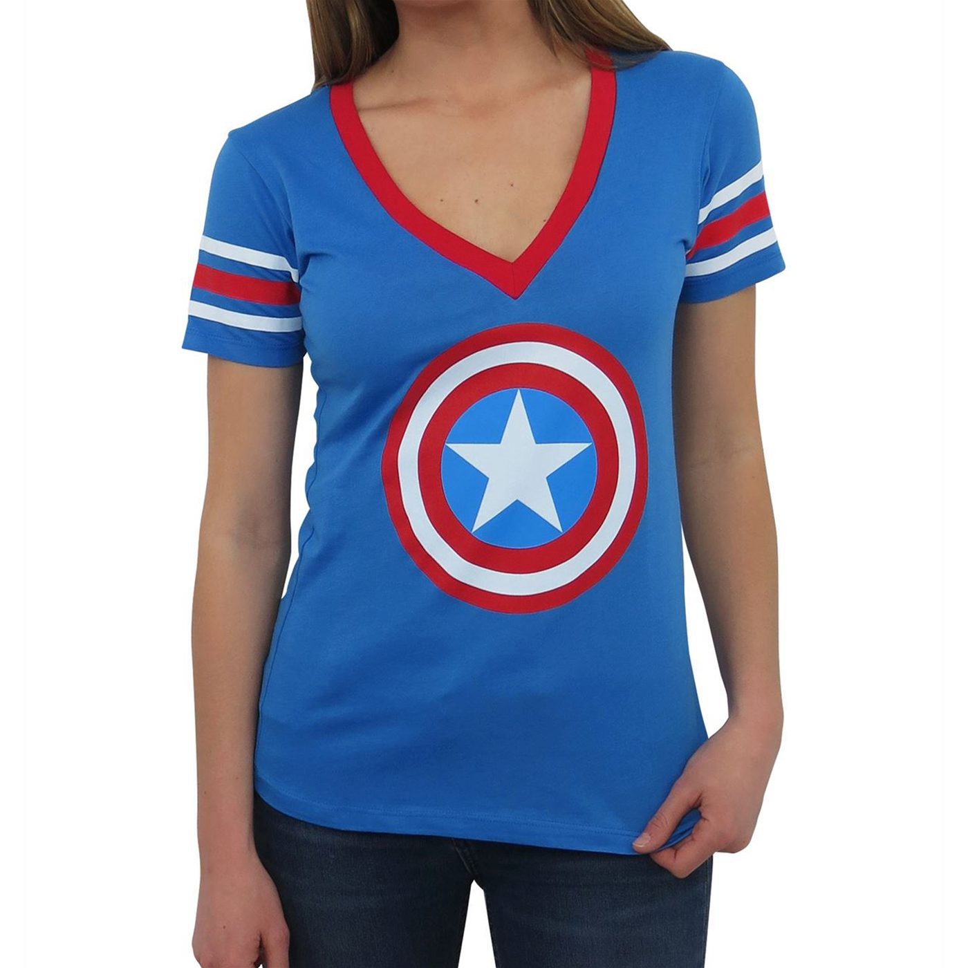 Captain America Athletic Women's V-Neck T-Shirt, Blue