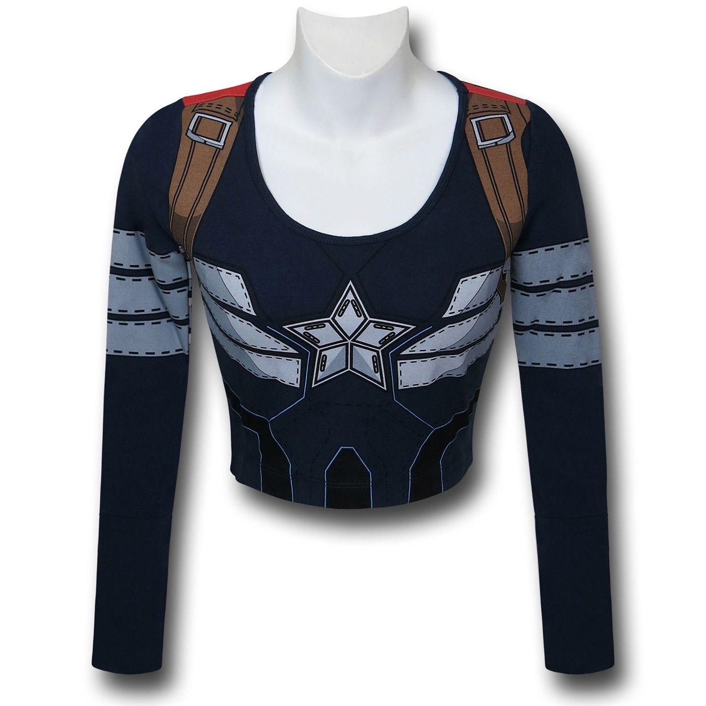 Captain America Women's L/S Costume Crop Top T-Shirt, Blue