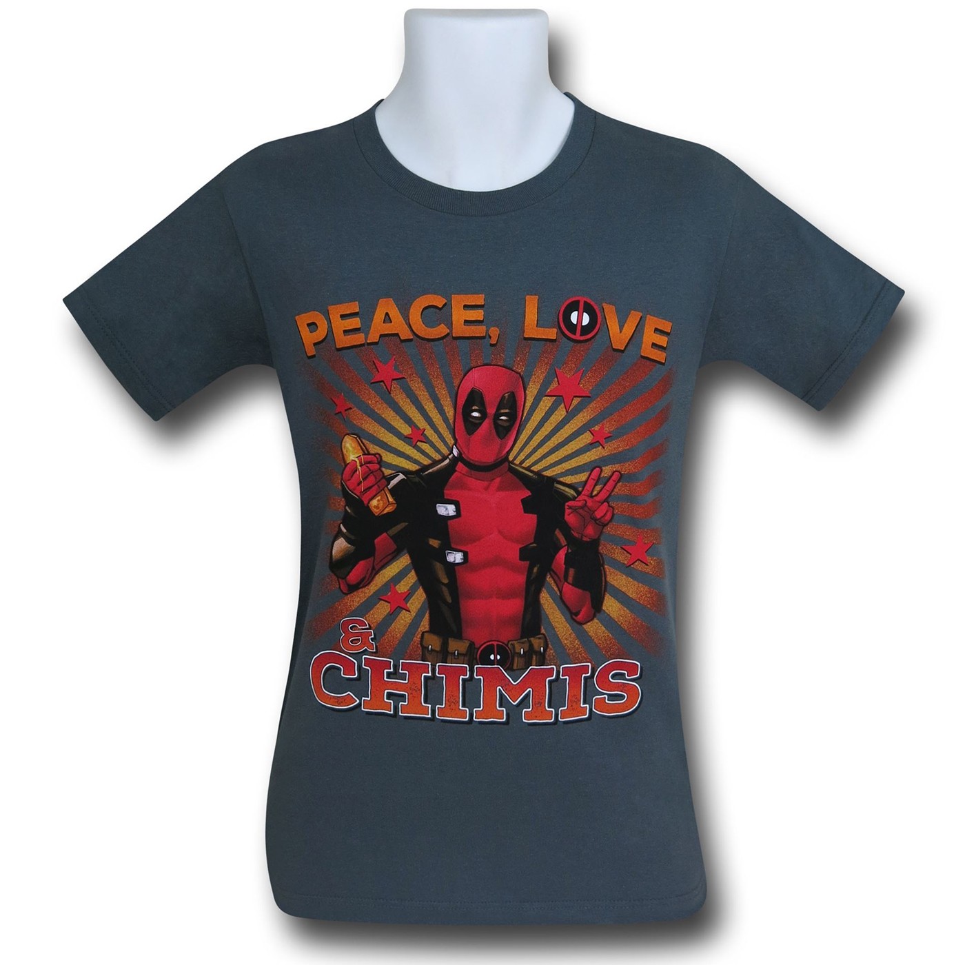 Deadpool Peace Love and Chimis T-Shirt, Grey