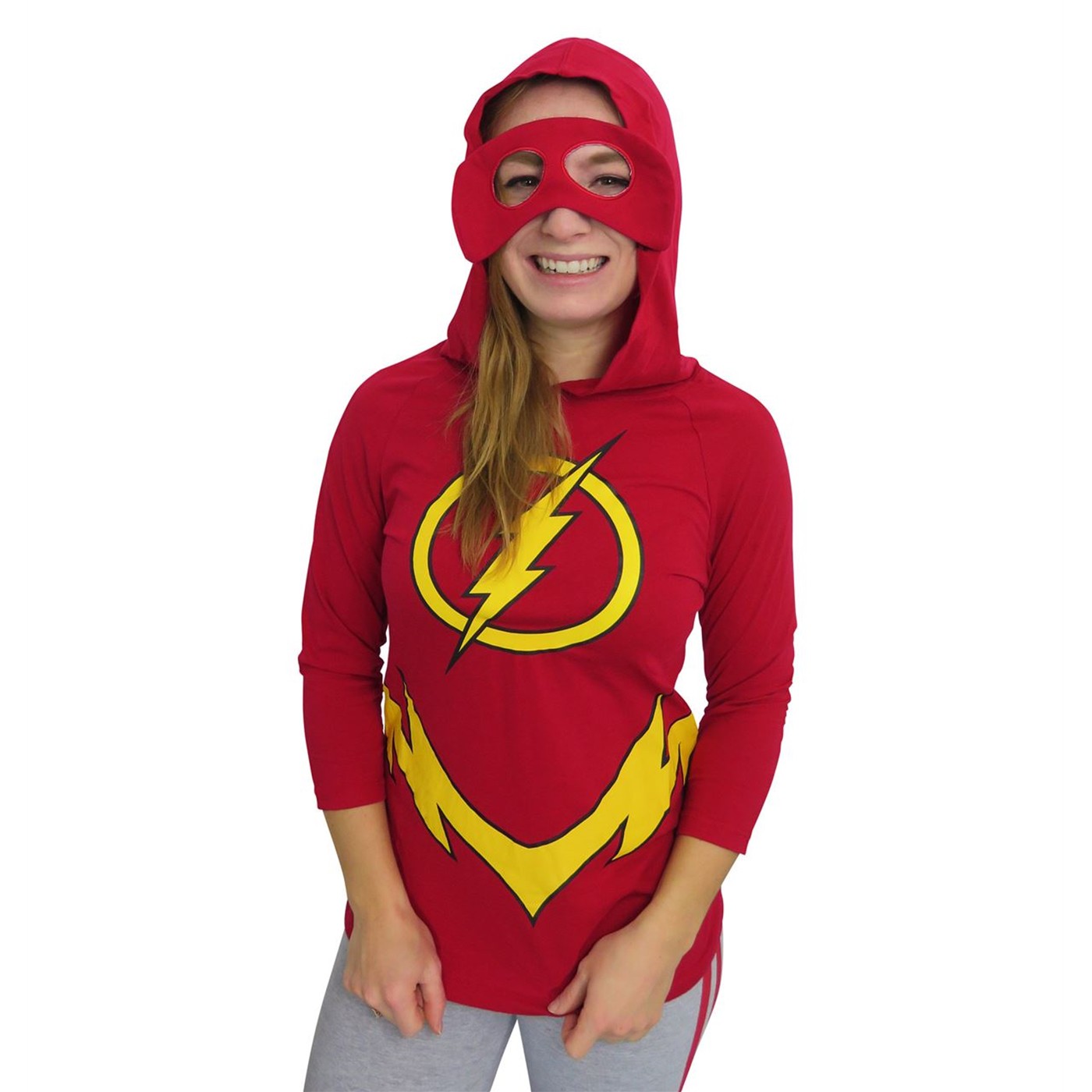 Flash Hooded Mask Women's Costume Long Sleeve T-Shirt, Red