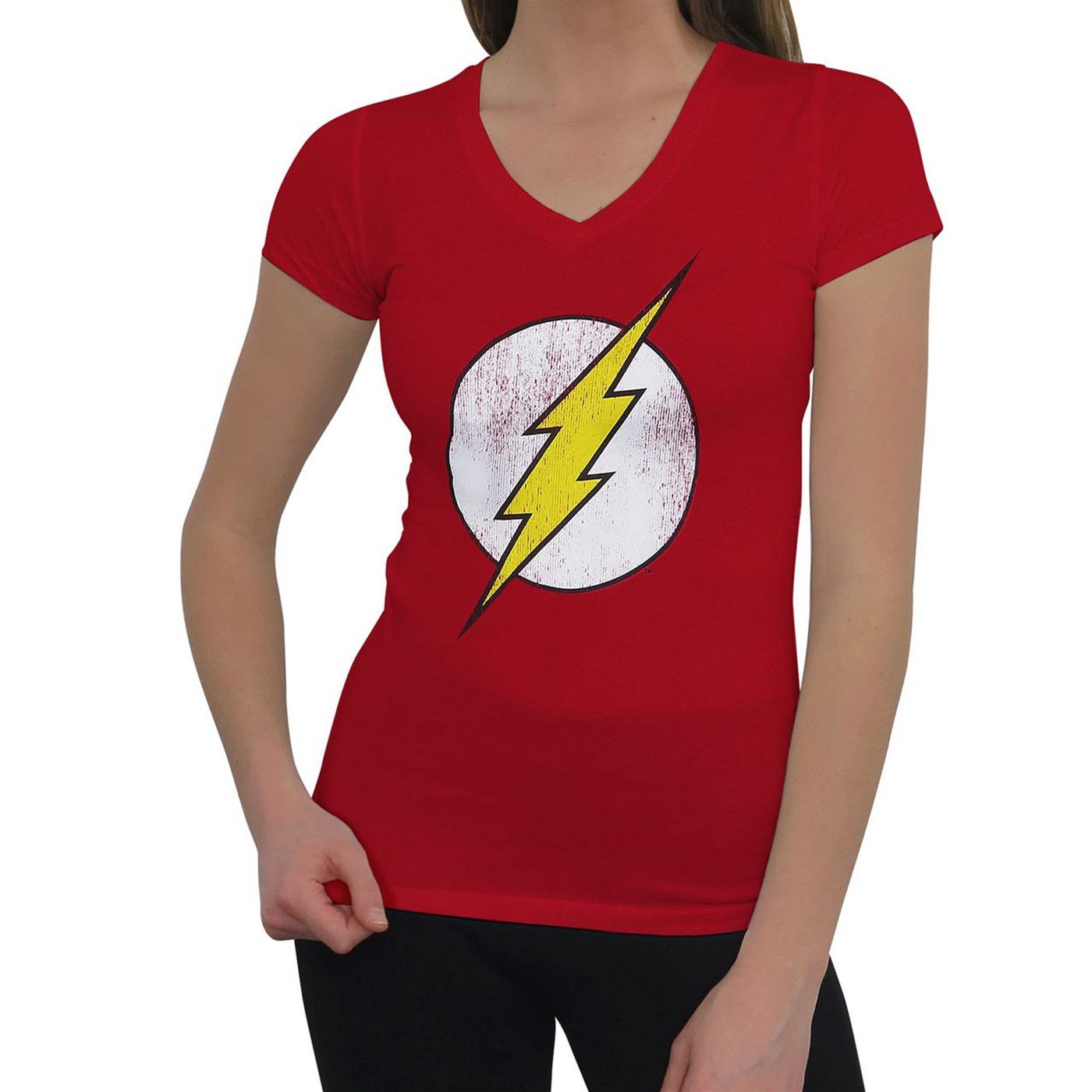 Flash Symbol Distressed Women's V-Neck T-Shirt, Red