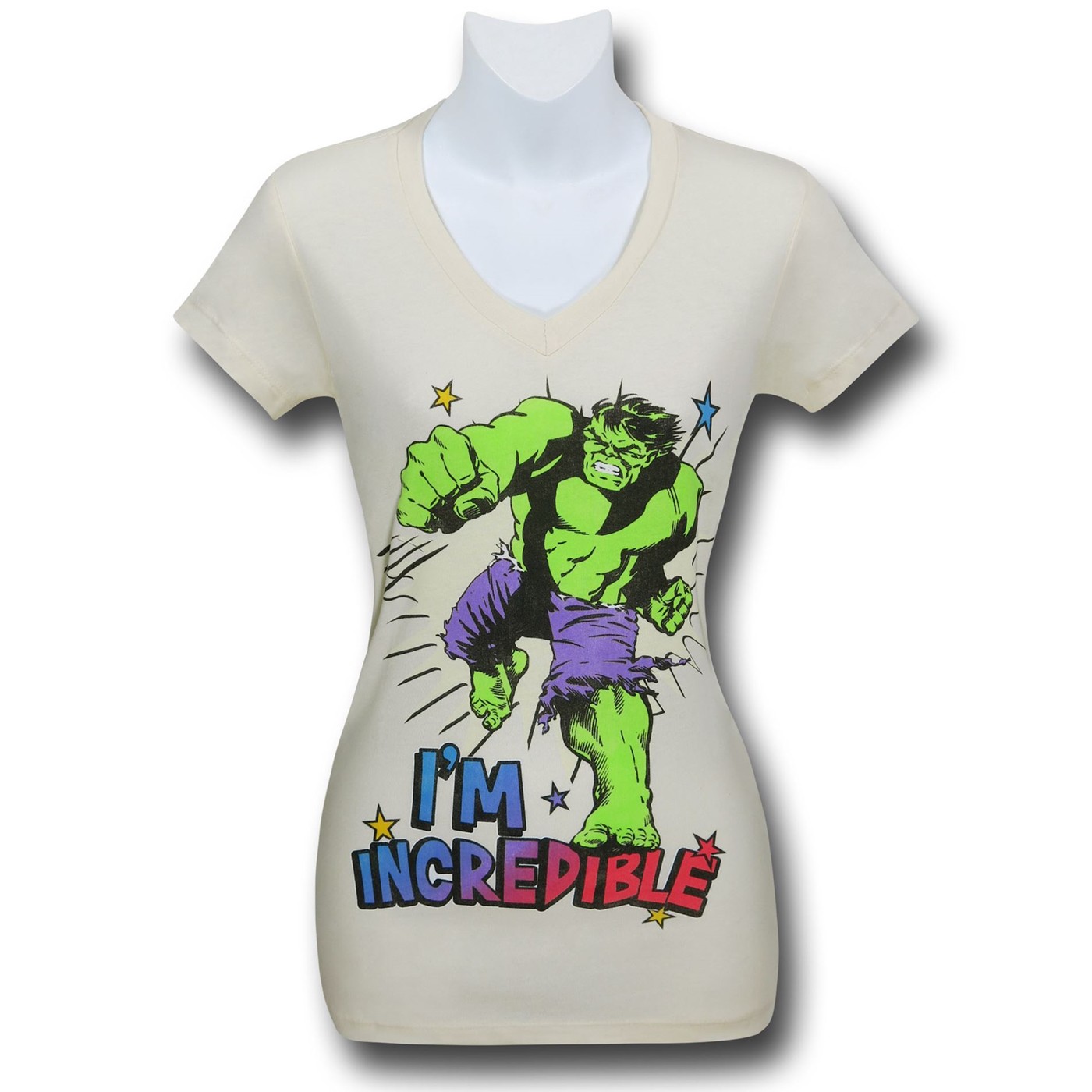 Hulk Womens I'm Incredible V-Neck TAN T-Shirt, Beige