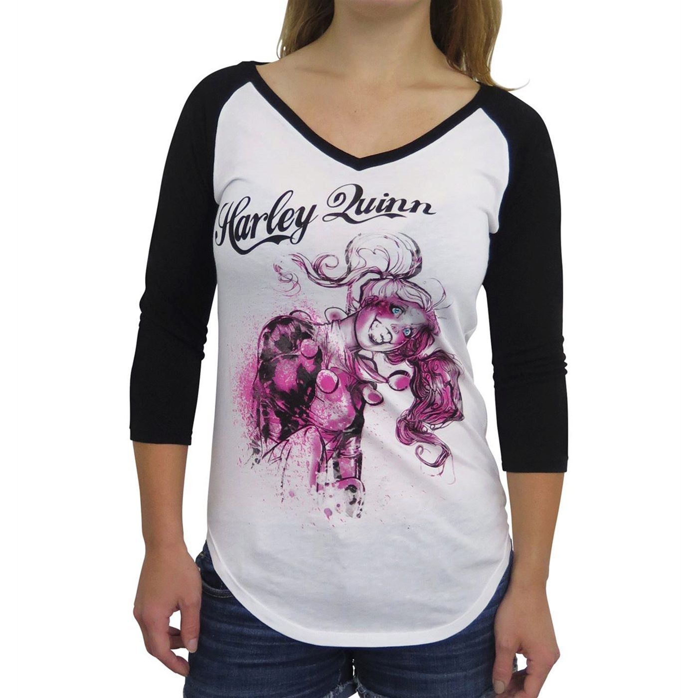 Harley Quinn Women's V-Neck Baseball T-Shirt, White