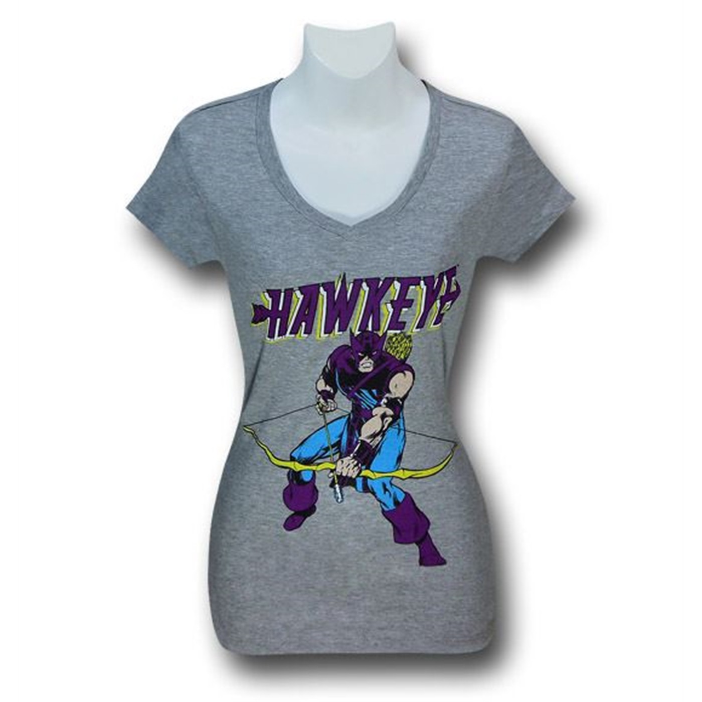 Hawkeye Bow Down V-Neck Juniors T-Shirt, Grey
