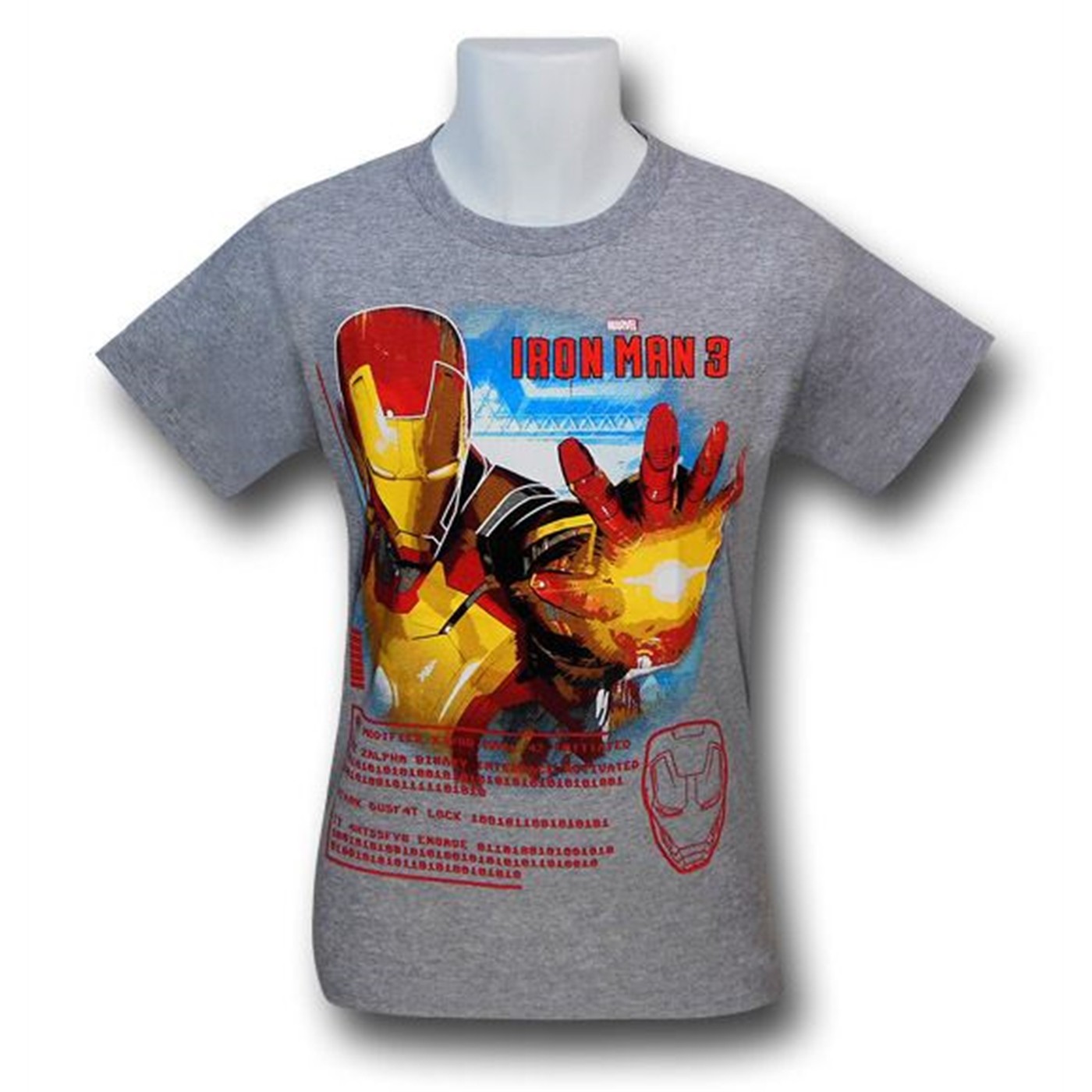 Iron Man 3 Stats Kids Grey 30 Single T-Shirt, Grey