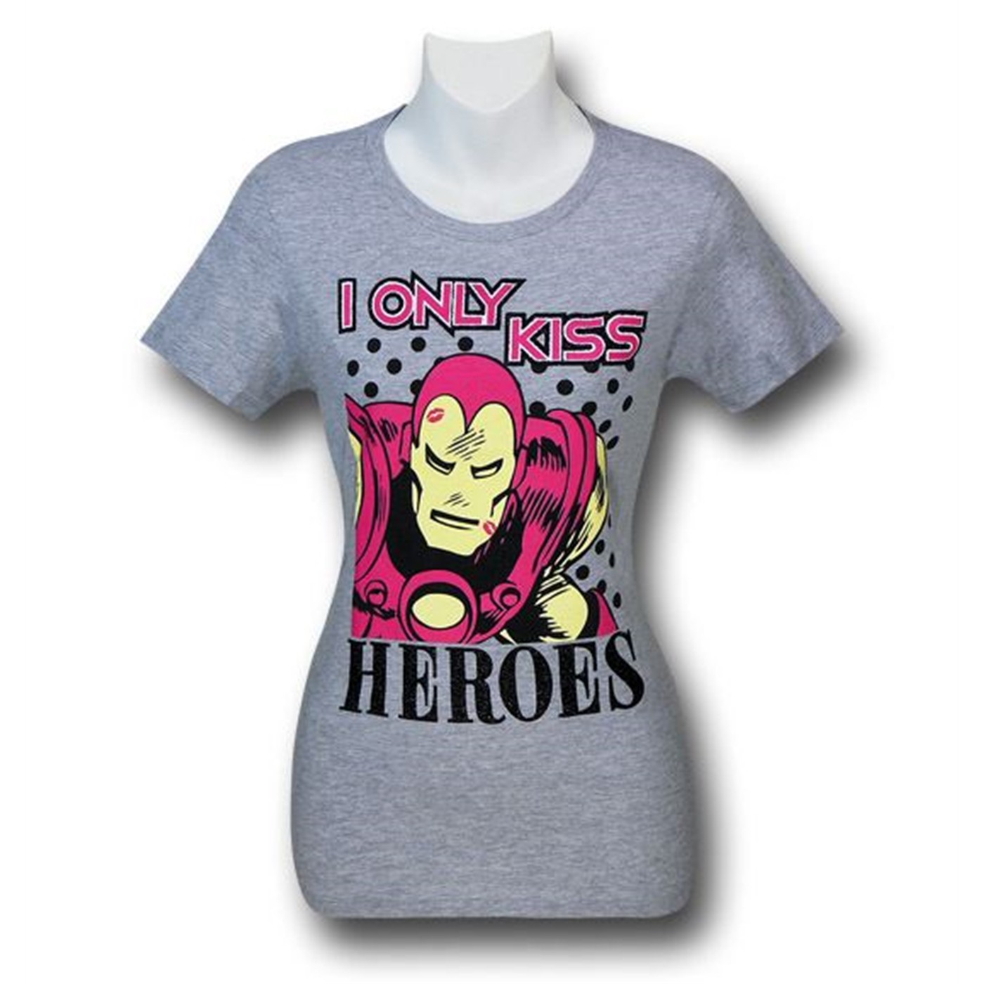Iron Man Only Kiss Heroes Juniors T-Shirt, Grey