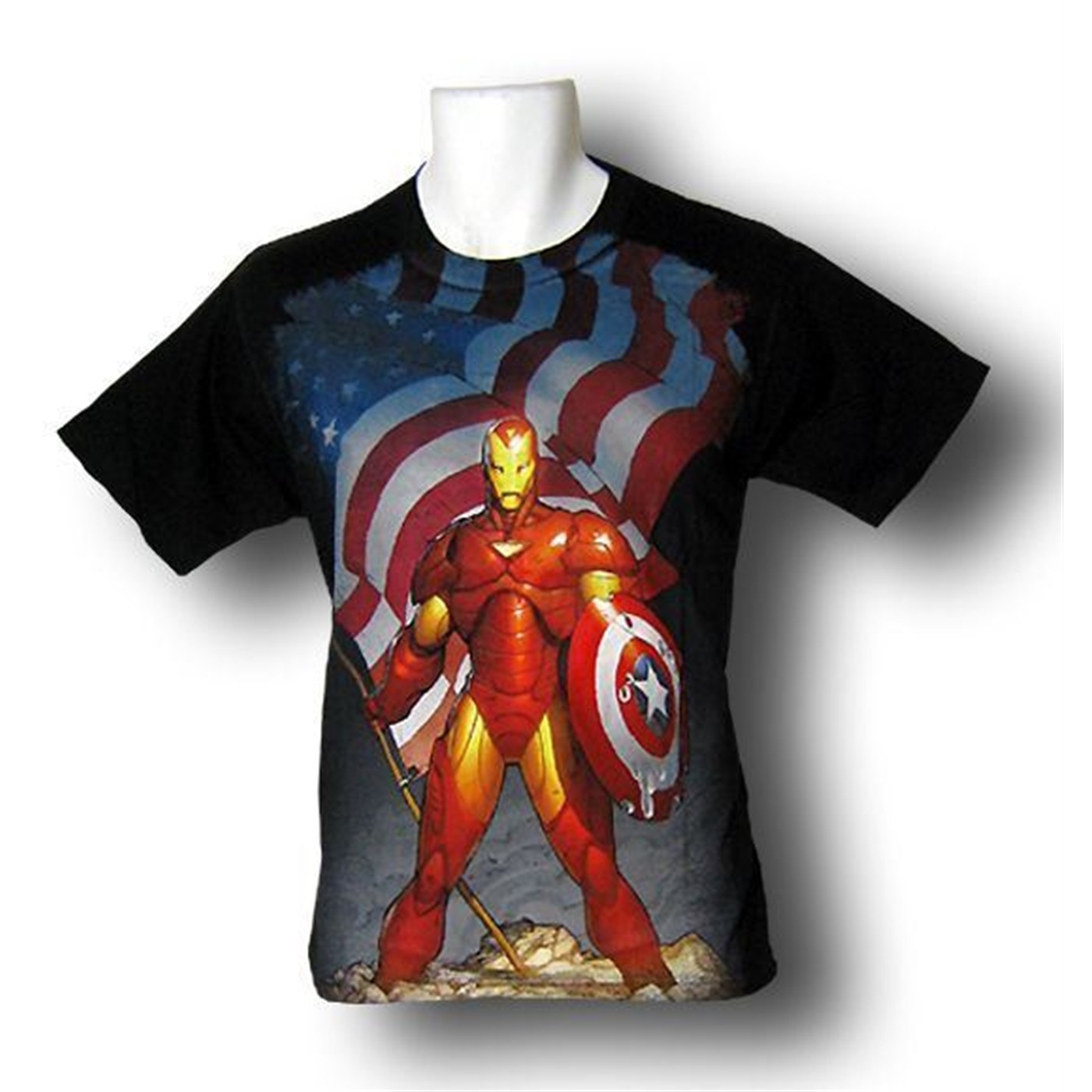 Iron Man with Flag and Shield T-Shirt, Black