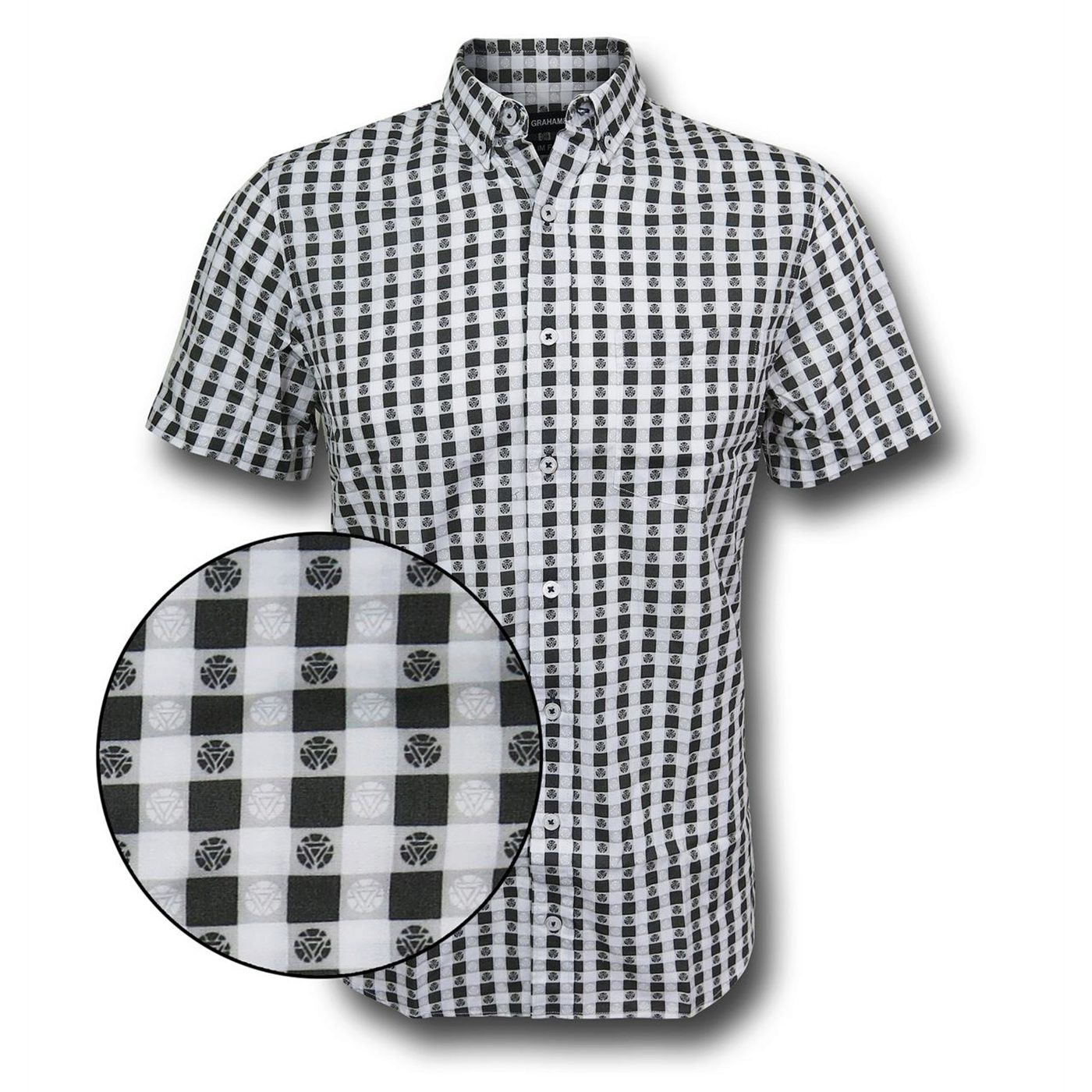 Iron Man Plaid Arc Symbol Men's Button Down Shirt, White