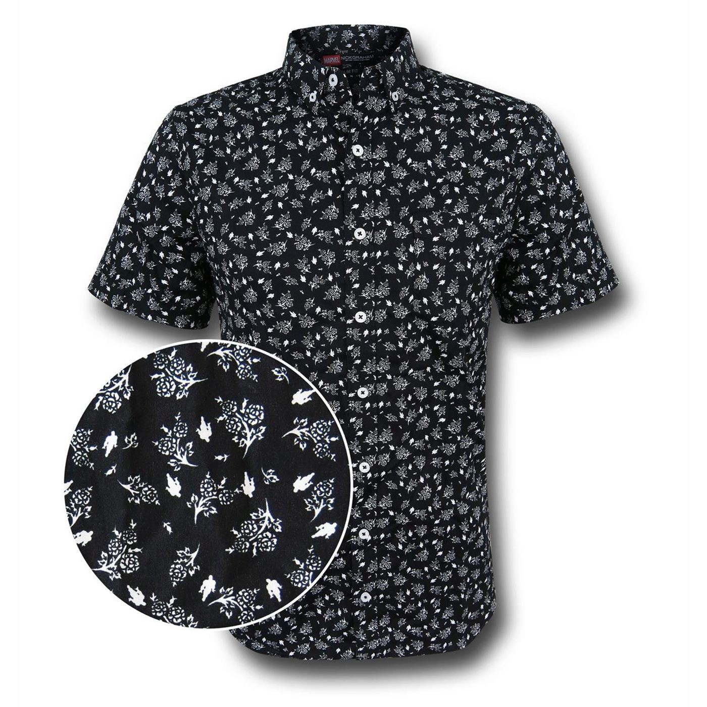 Iron Man Floral Men's Fitted Button Down Shirt, Black