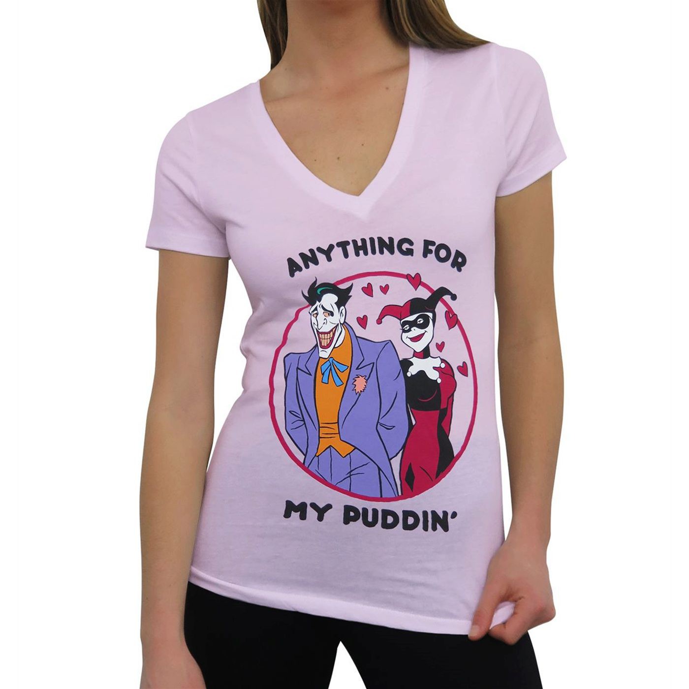 Joker & Harley My Puddin' Women's V-Neck T-Shirt, Pink