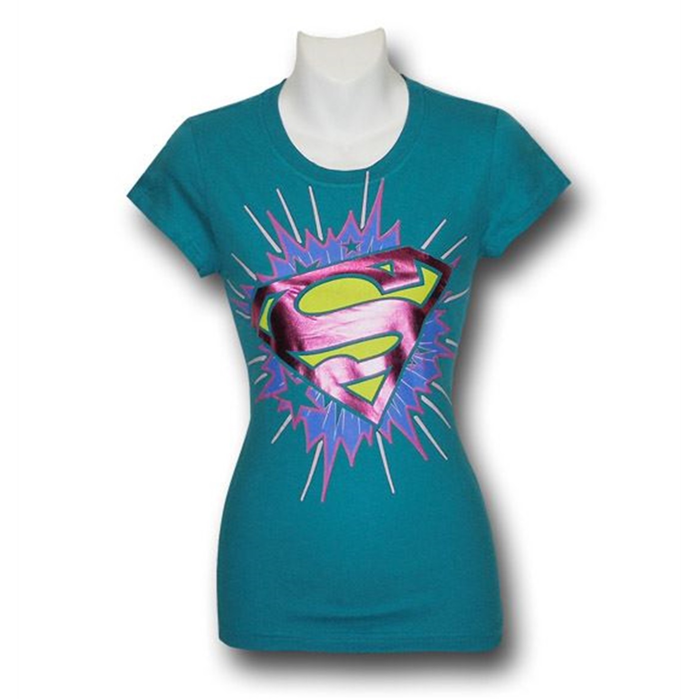 Supergirl Jr Womens Turquoise Foil T-Shirt, Blue