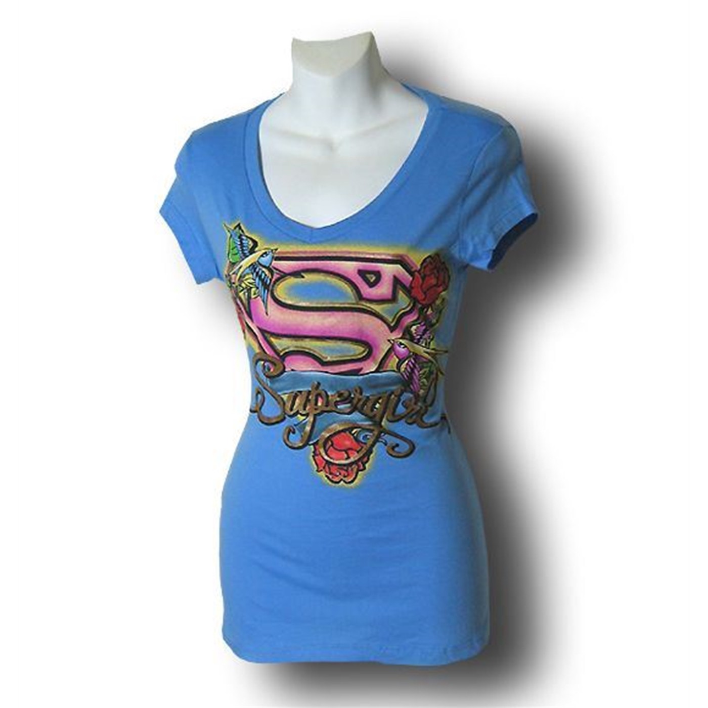 Supergirl Jr Womens Rose and Dove Symbol T-Shirt, Blue