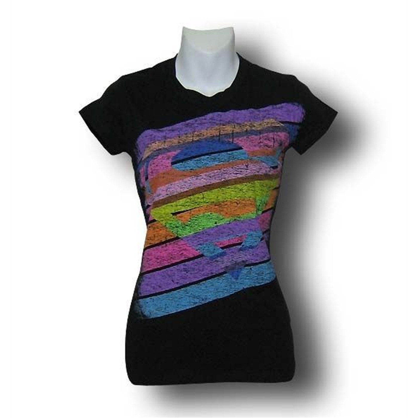 Supergirl Jr Womens Rainbow Stripe Symbol T-Shirt, Black