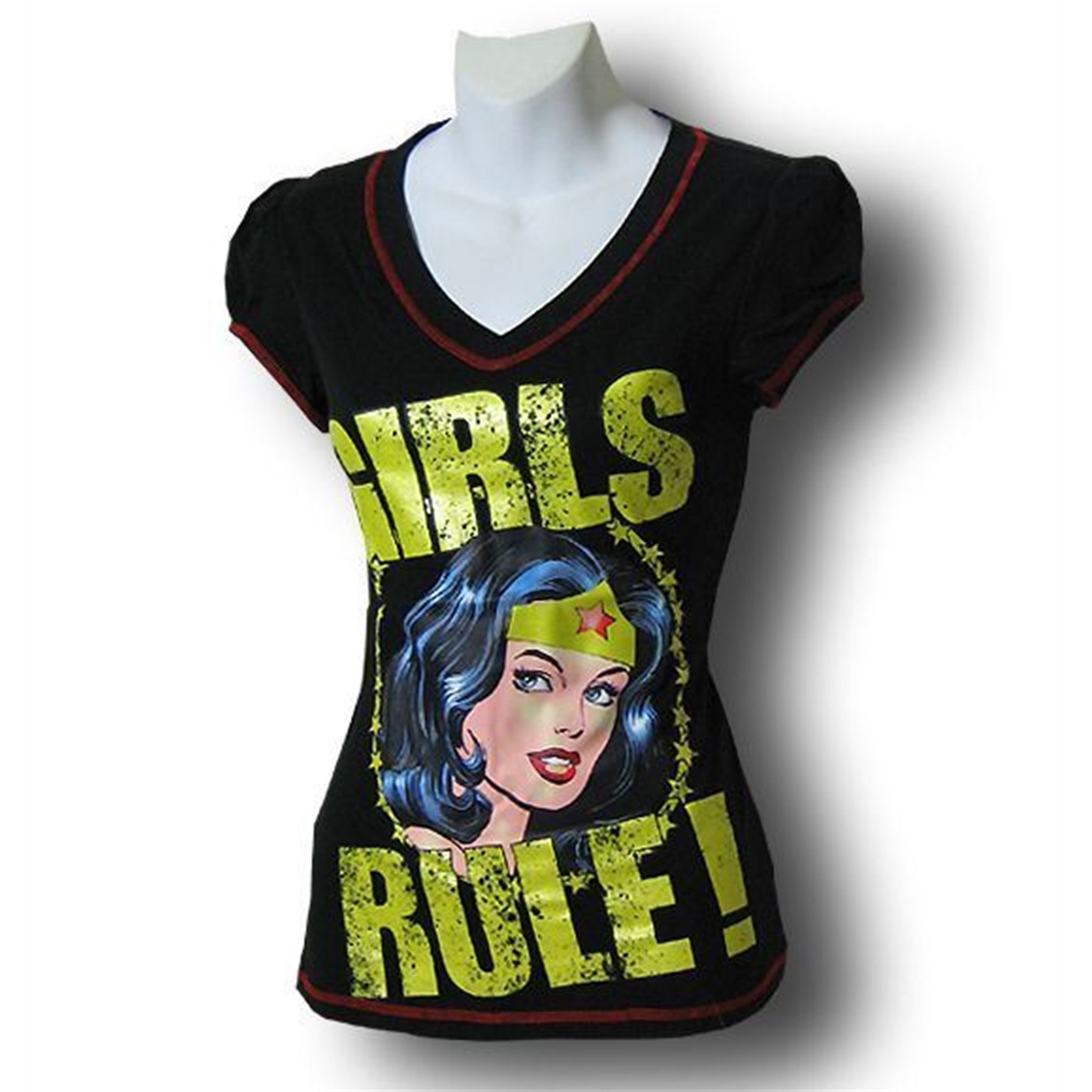 Wonder Woman Jr Womens Girls Rule V-Neck T-Shirt, Black