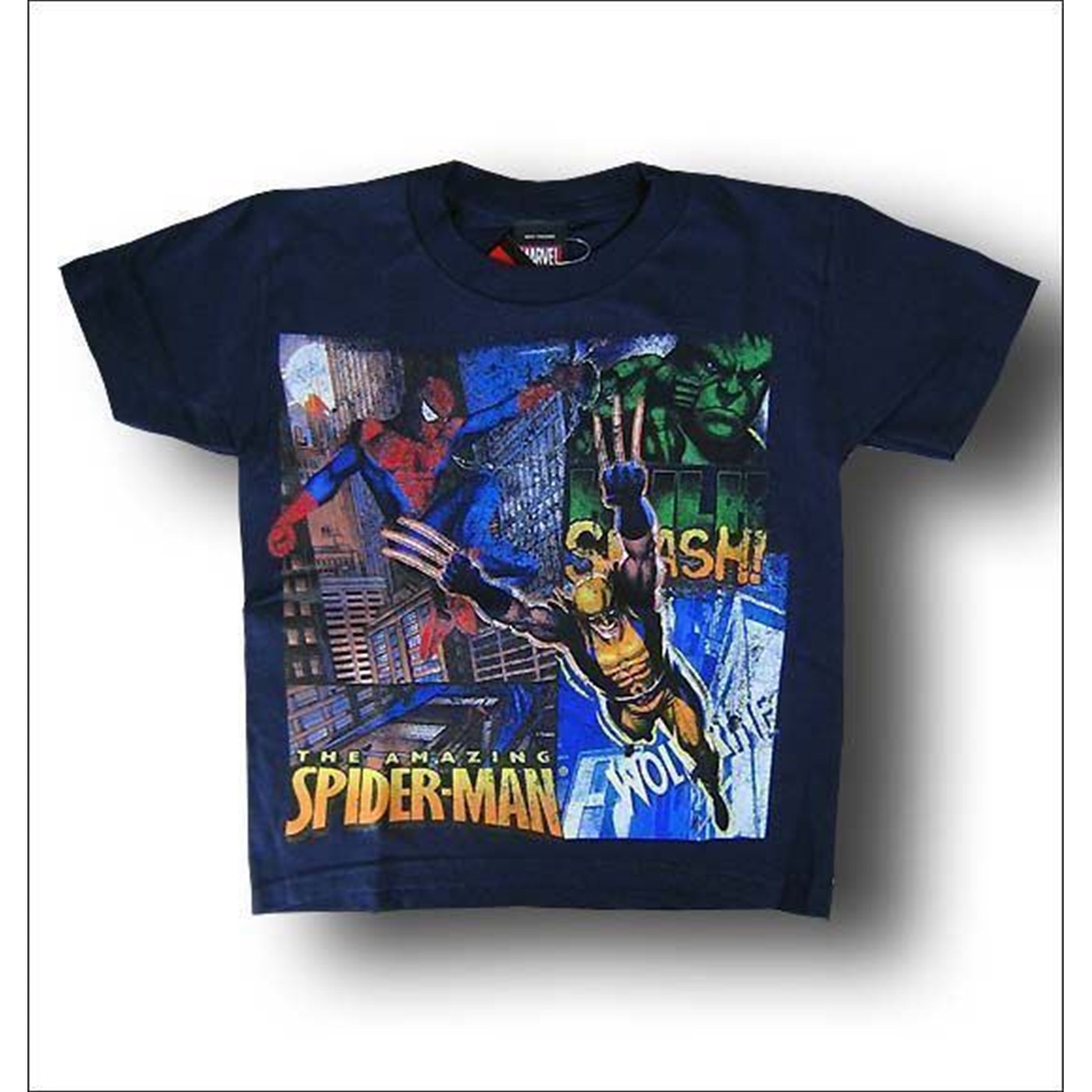 Spiderman Hulk & Wolverine Juvenile Distressed T-Shirt, Blue
