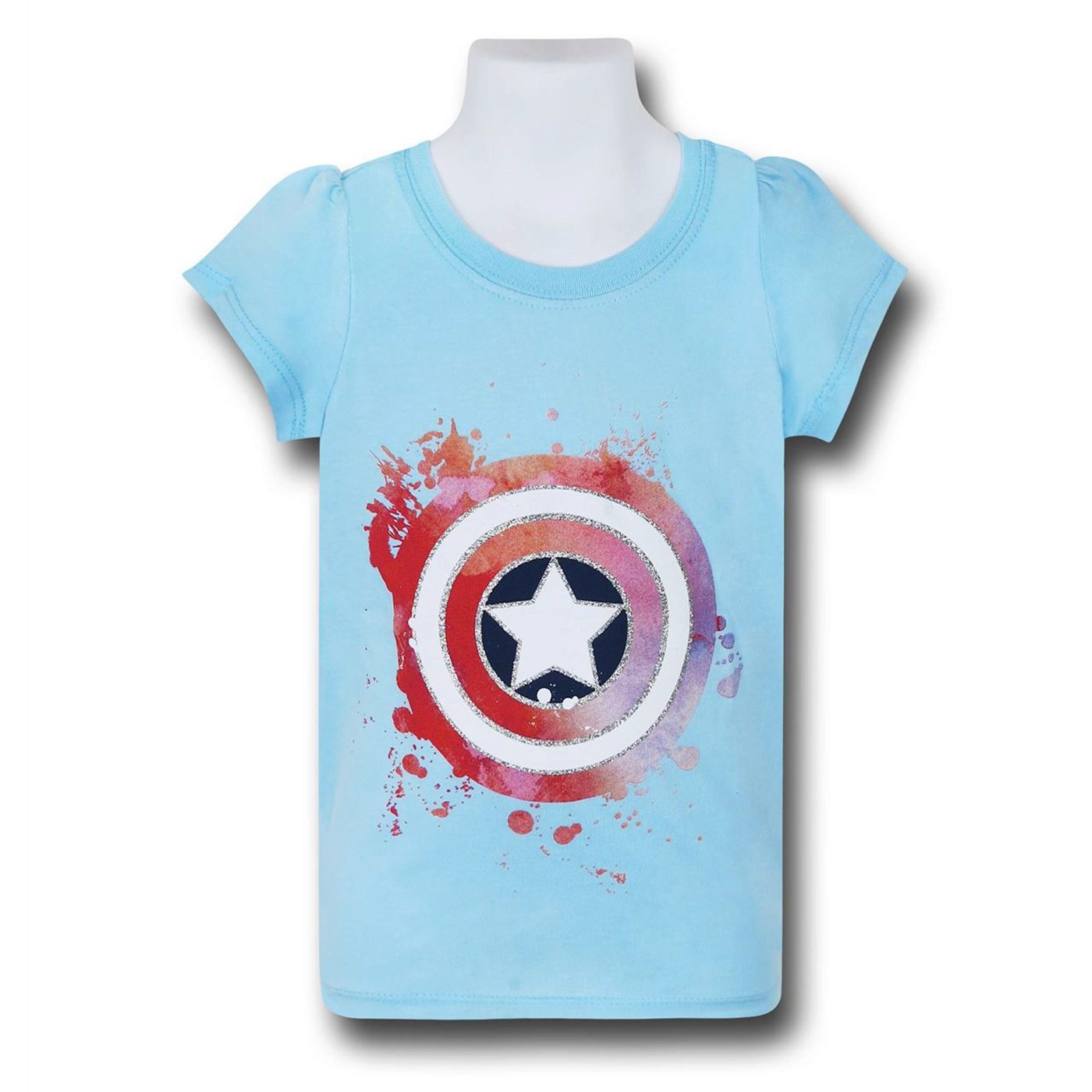 Captain America Glitter Shield Girls Kids T-Shirt, Blue