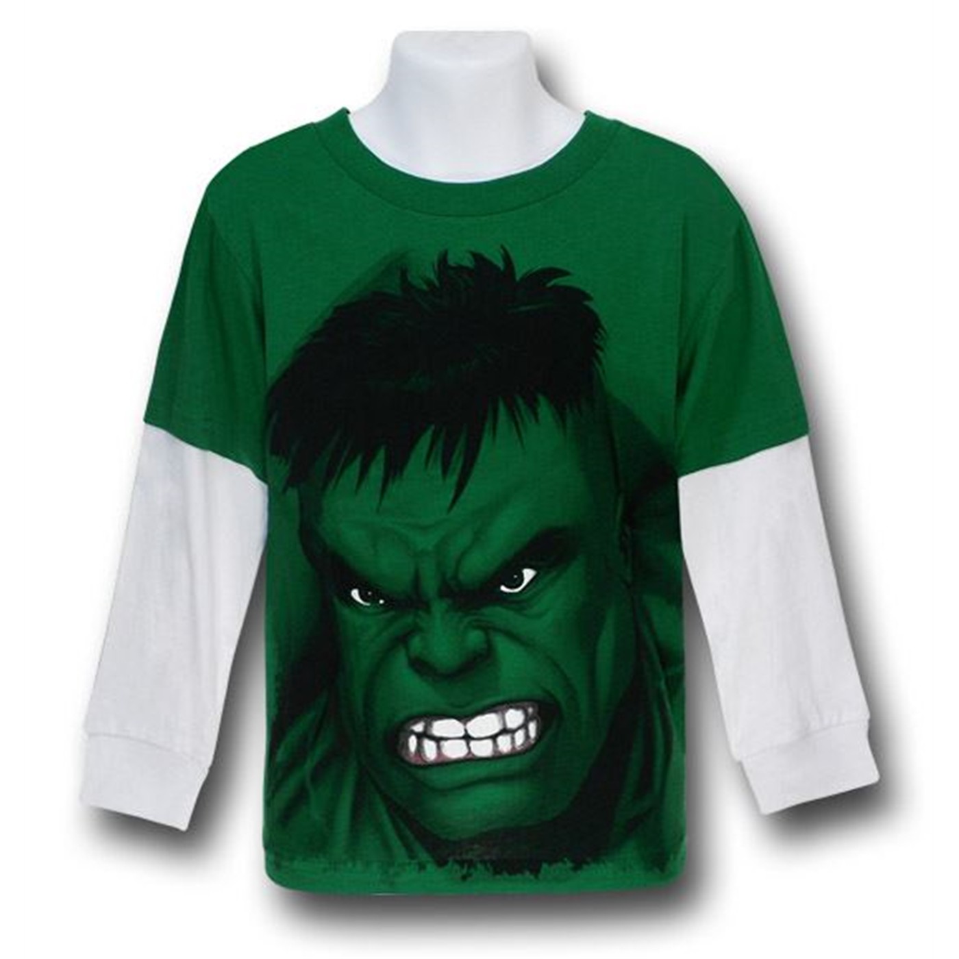 Hulk Face Double Sleeve Kids T-Shirt, Green
